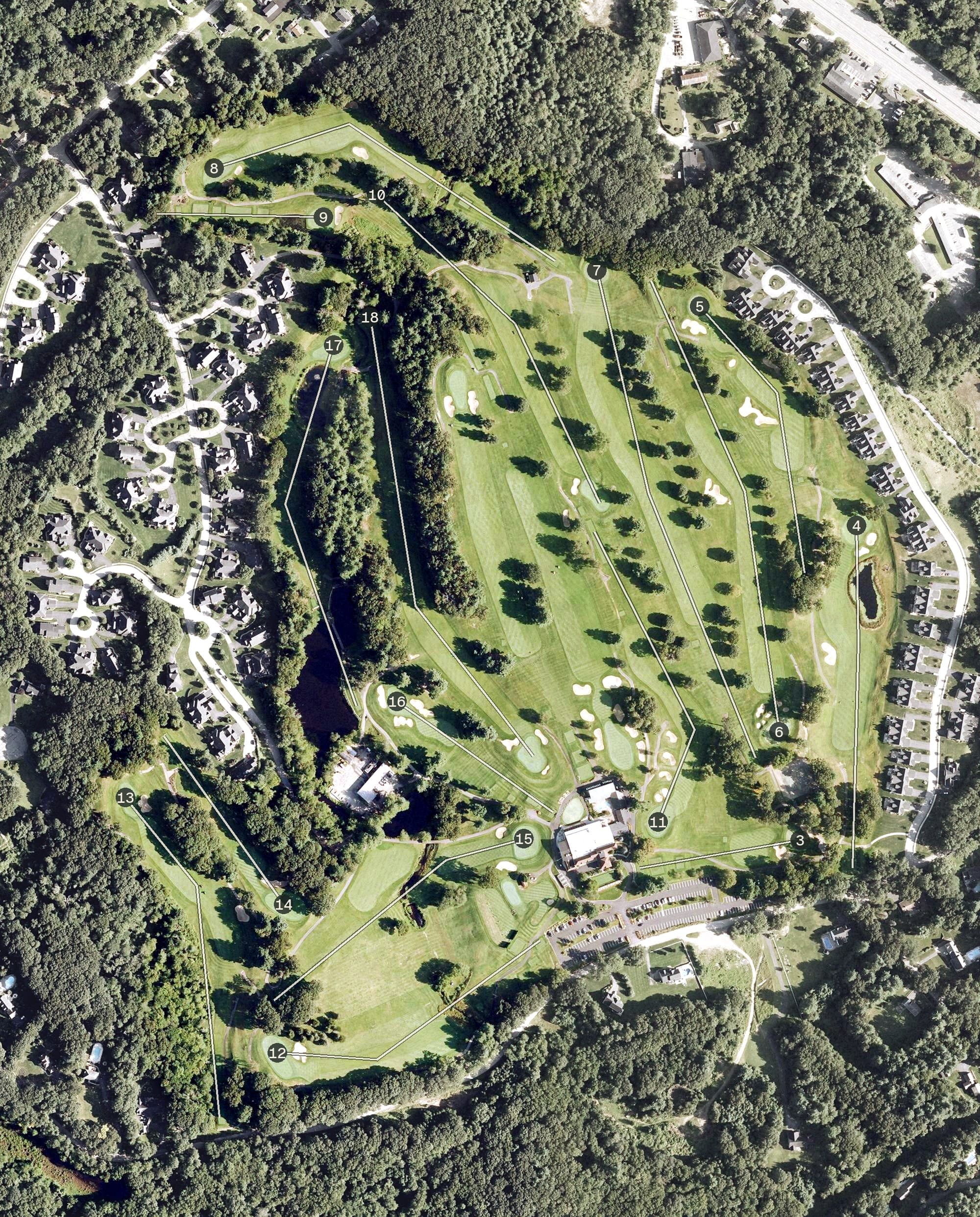 Aerial view of Pleasant Valley Country Club, MA, with its hole routing marked