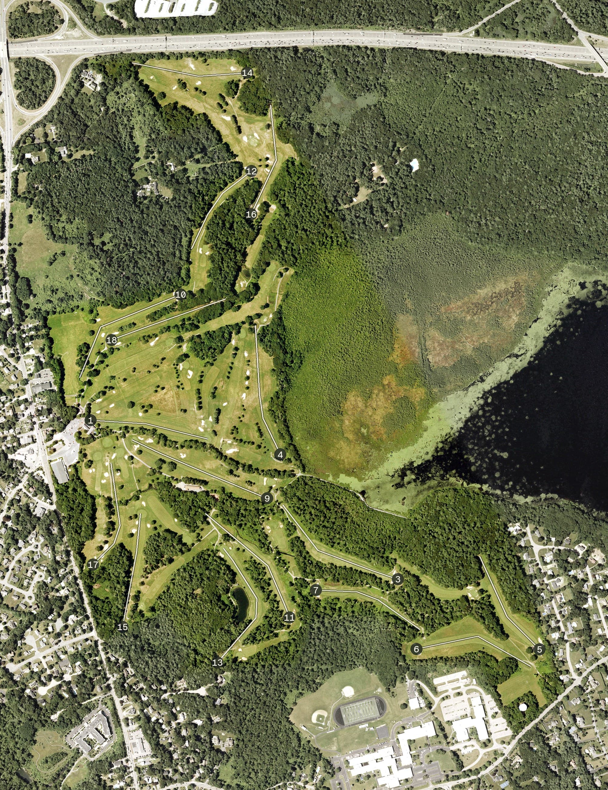 Aerial view of Ponkapoag Golf Course, MA, with its hole routing marked
