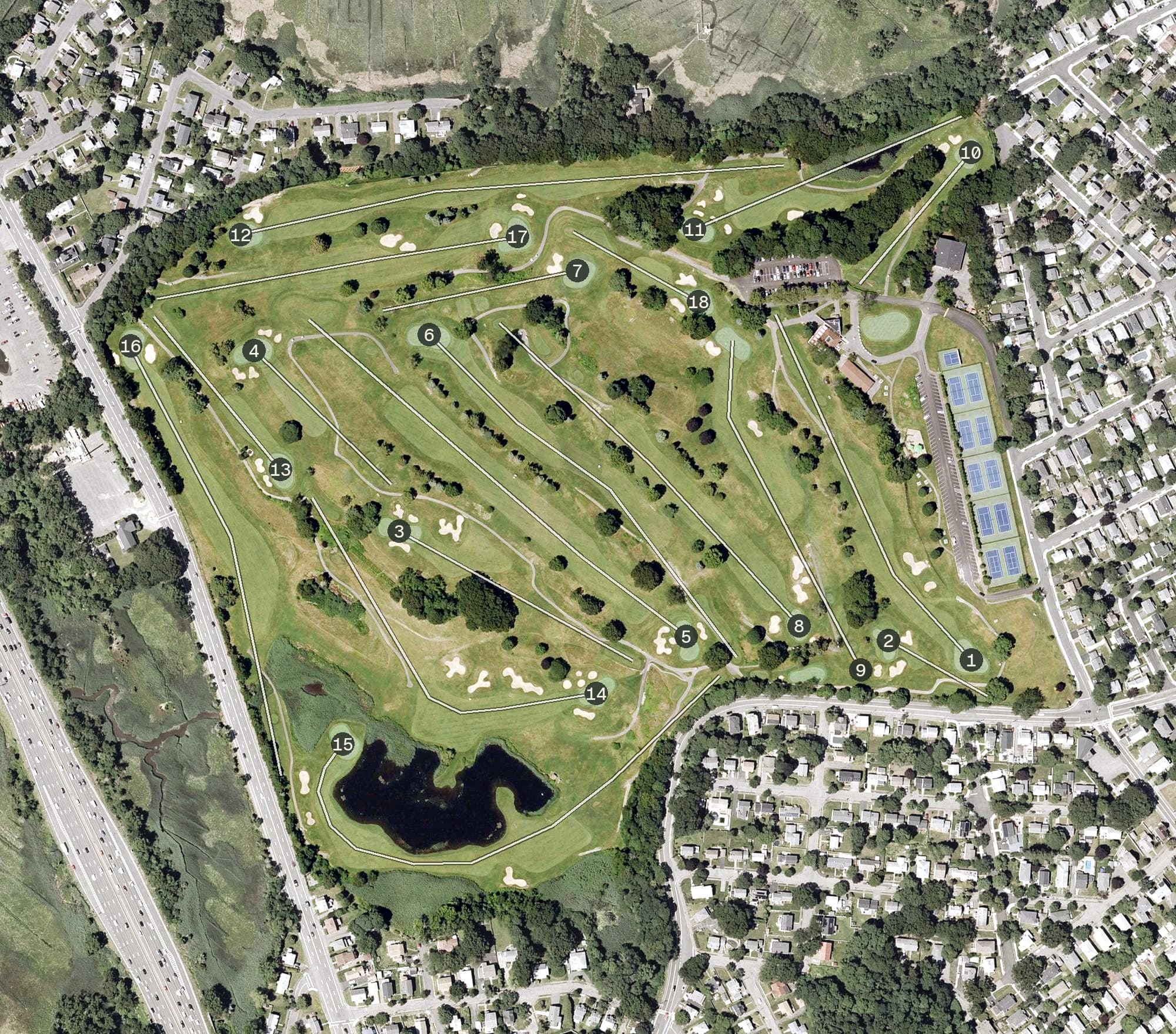 Aerial view of Presidents Golf Course, MA, with its hole routing marked
