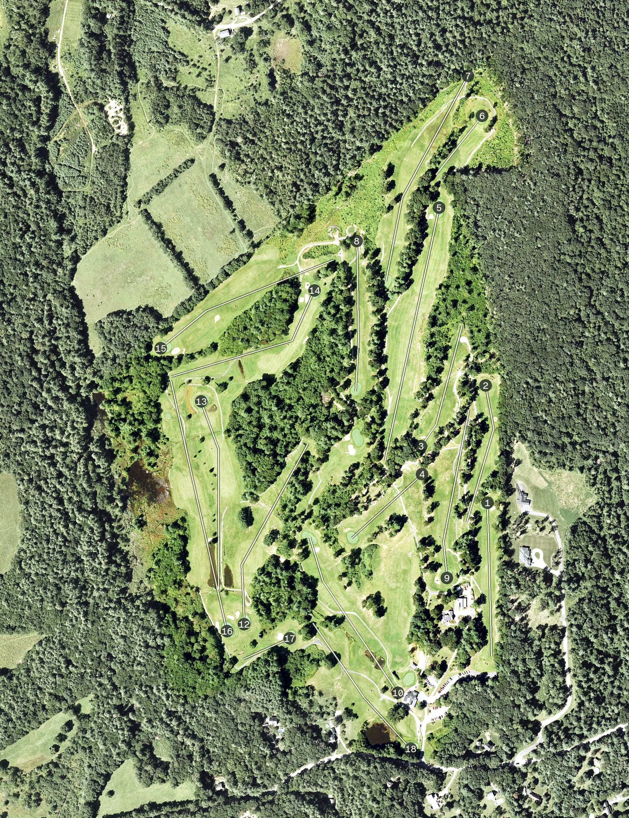 Aerial view of Quail Hollow Golf & Country Club, MA, with its hole routing marked