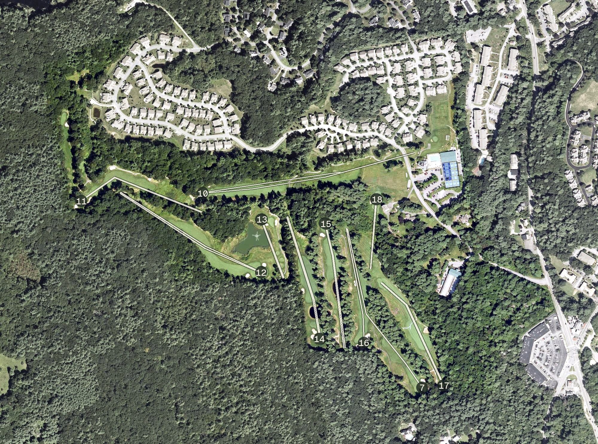 Aerial view of Quail Ridge Country Club, MA, with its hole routing marked