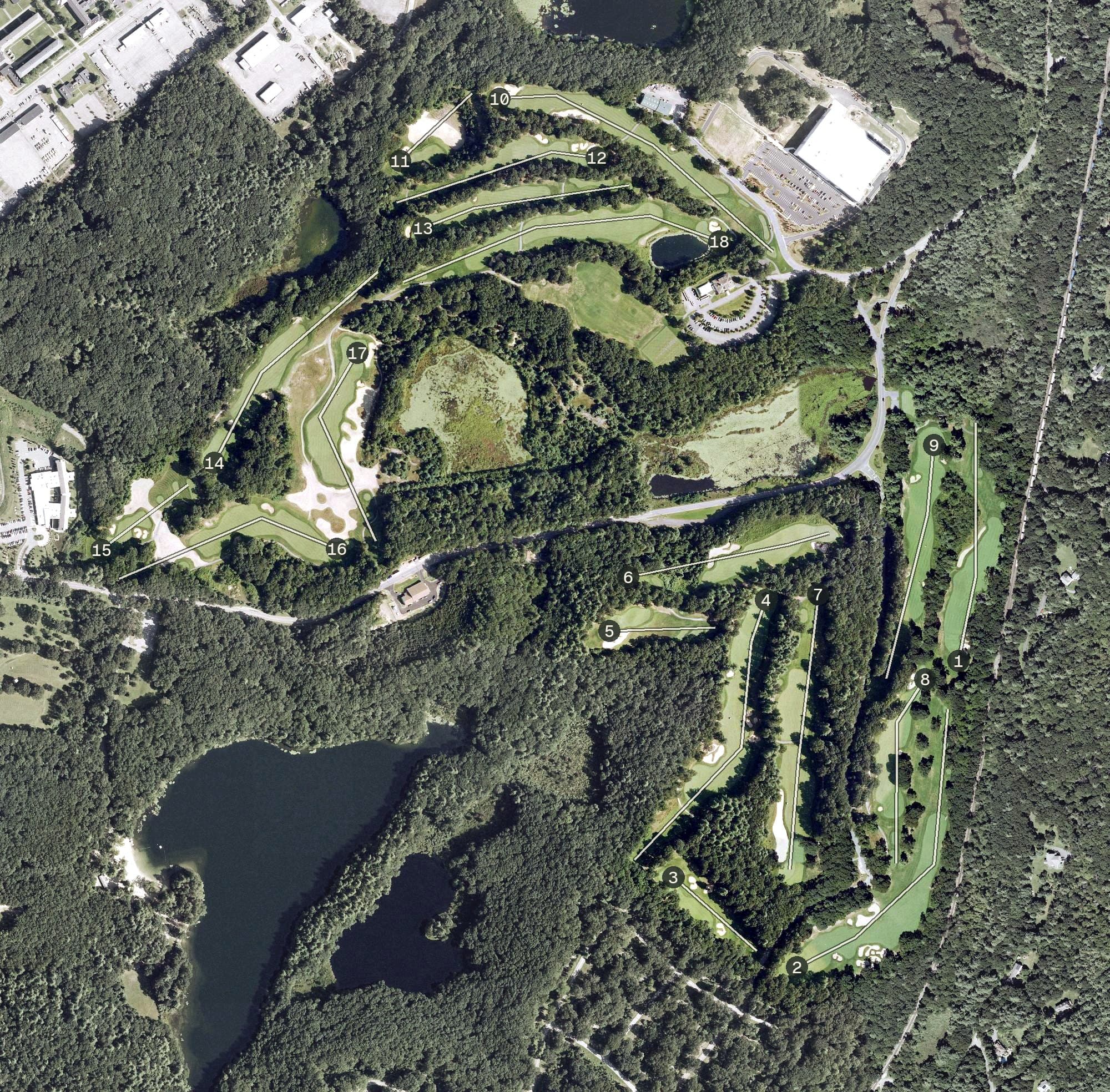 Aerial view of Red Tail Golf Course, MA, with its hole routing marked
