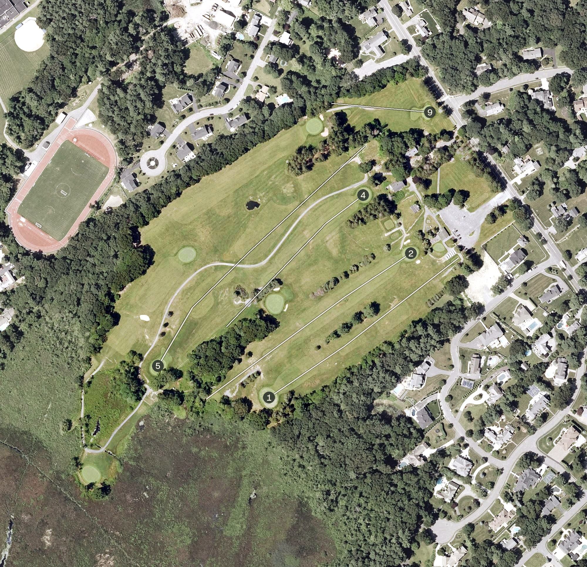 Aerial view of Reedy Meadow Golf Course, MA, with its hole routing marked