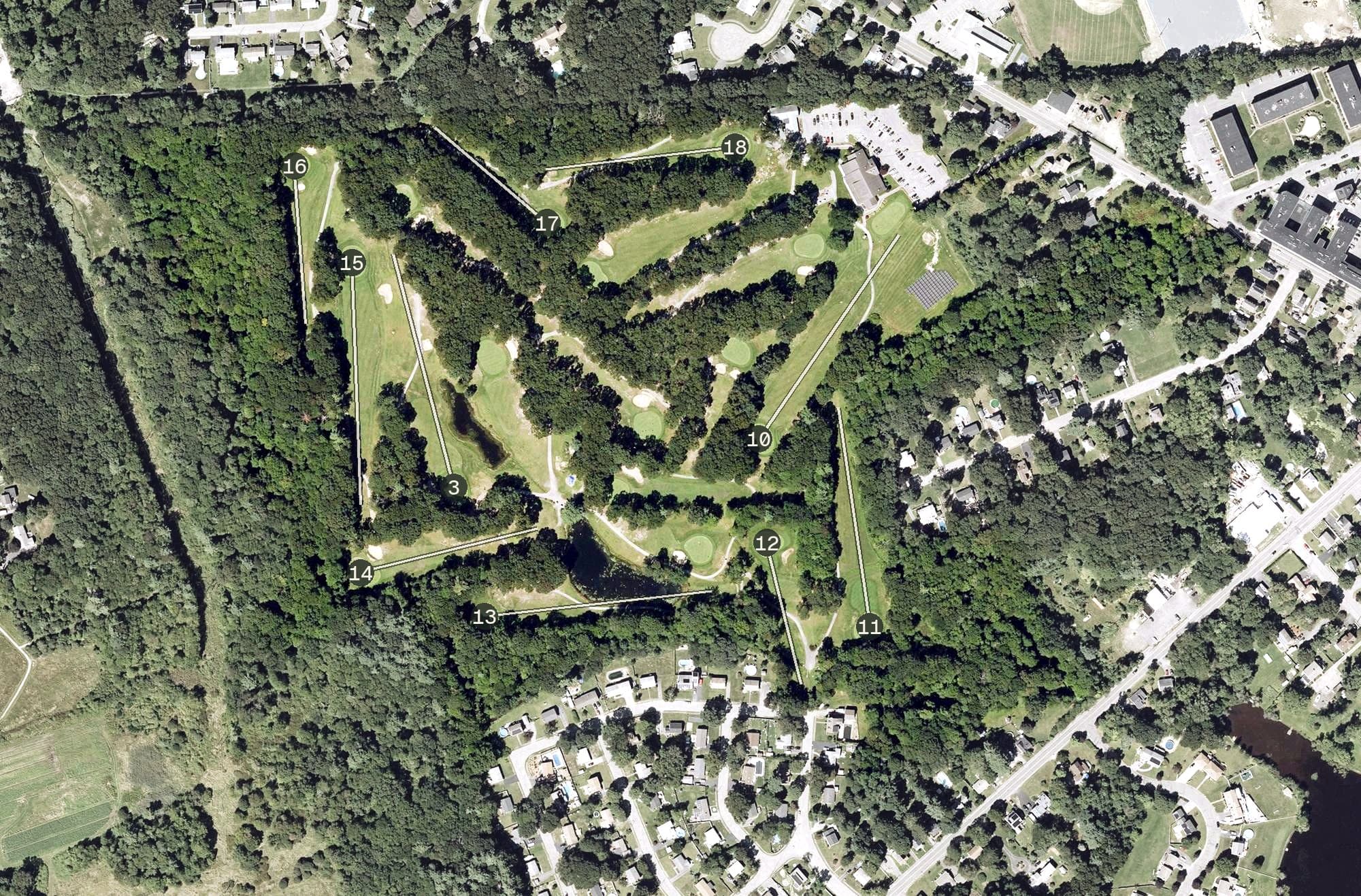 Aerial view of Rockland Golf Course, MA, with its hole routing marked