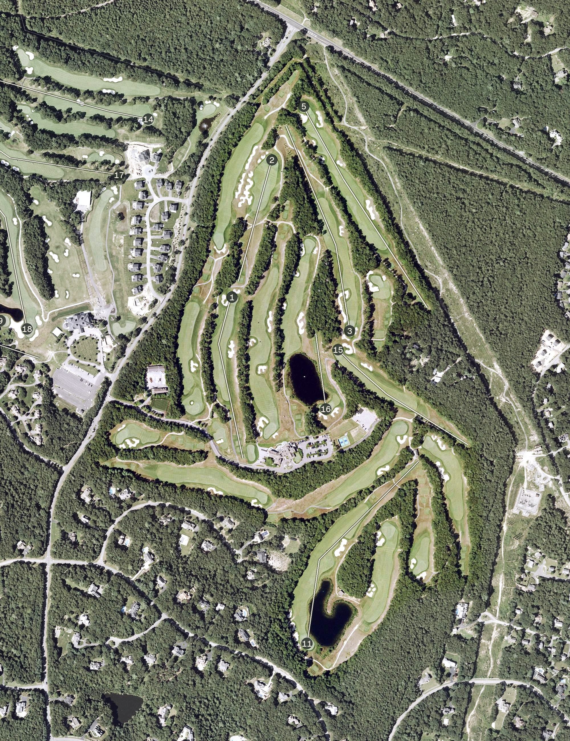 Aerial view of Sacconnesset Golf Club, MA, with its hole routing marked