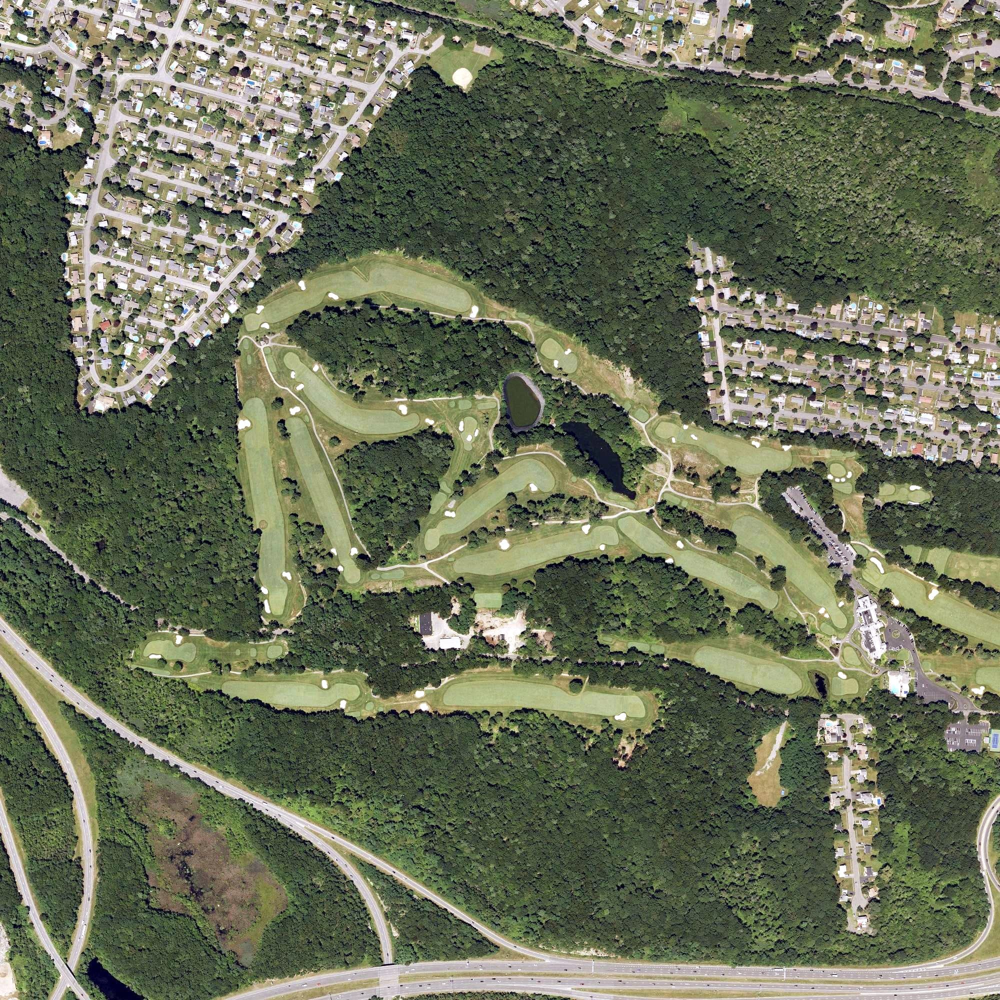 Aerial view of Salem Country Club, MA, with its hole routing marked