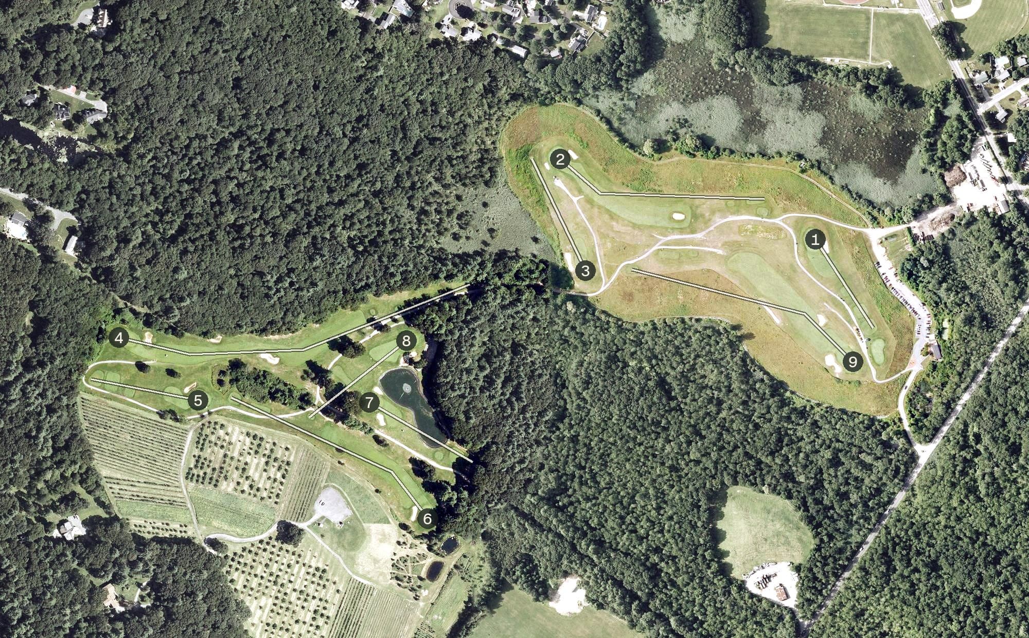 Aerial view of Sassamon Trace Golf Course, MA, with its hole routing marked