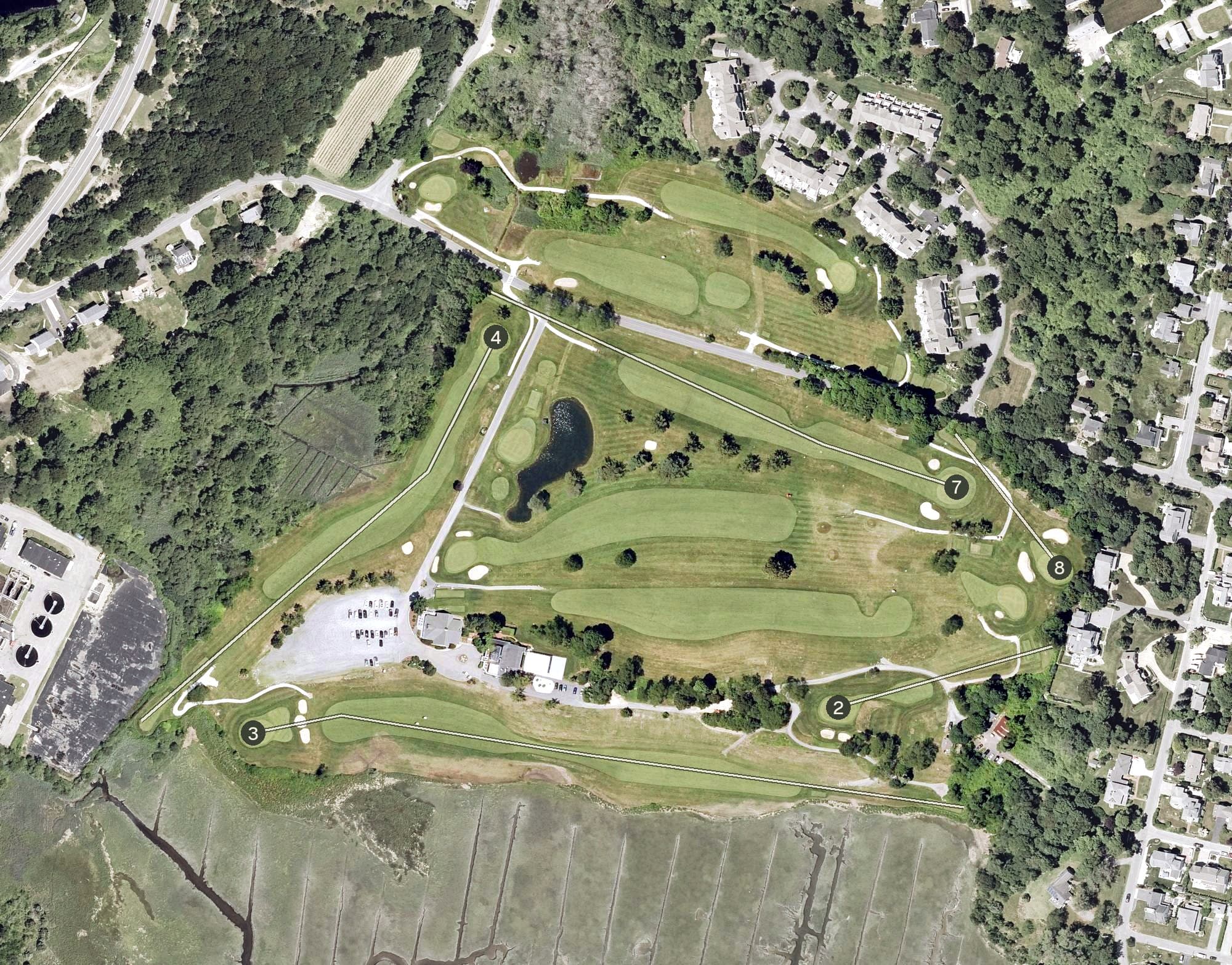 Aerial view of Scituate Country Club, MA, with its hole routing marked