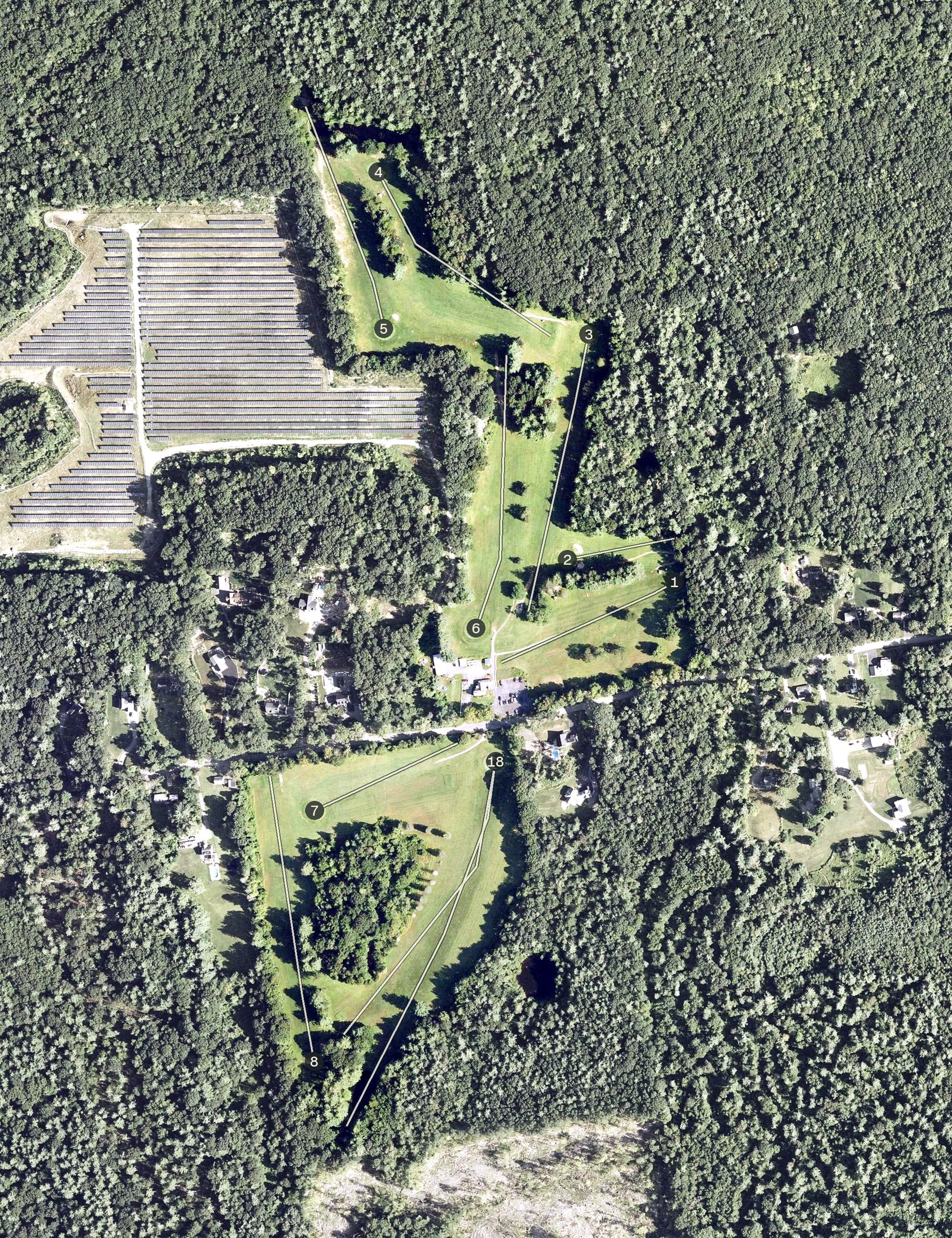 Aerial view of Settlers Crossing Golf Course, MA, with its hole routing marked