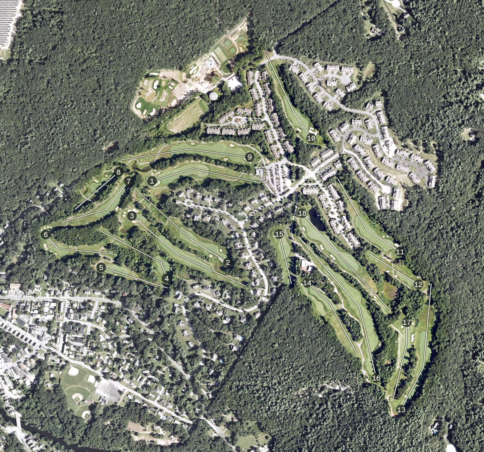 Aerial view of Shining Rock Golf Club, MA, with its hole routing marked