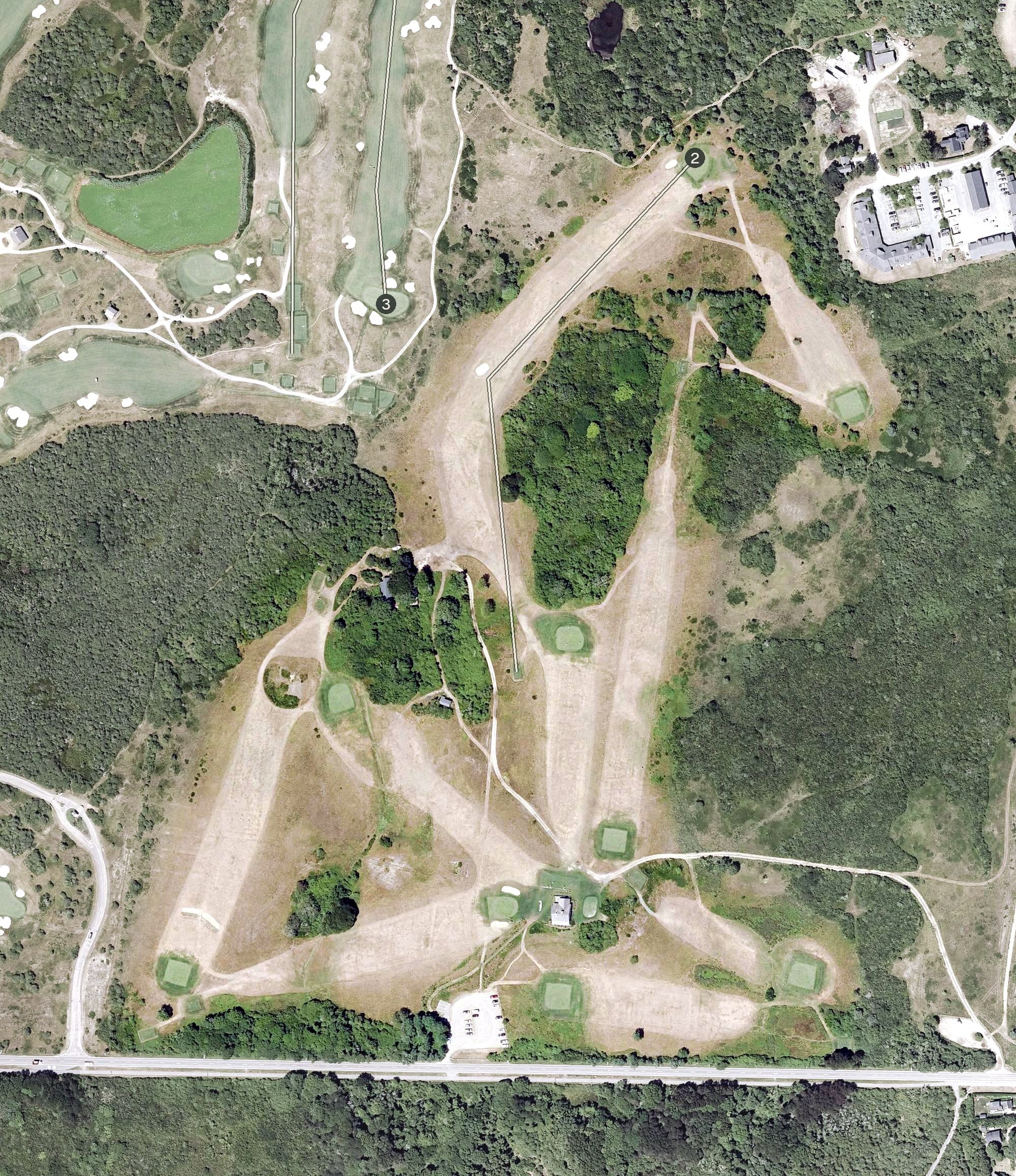 Aerial view of Siasconset Golf Course, MA, with its hole routing marked