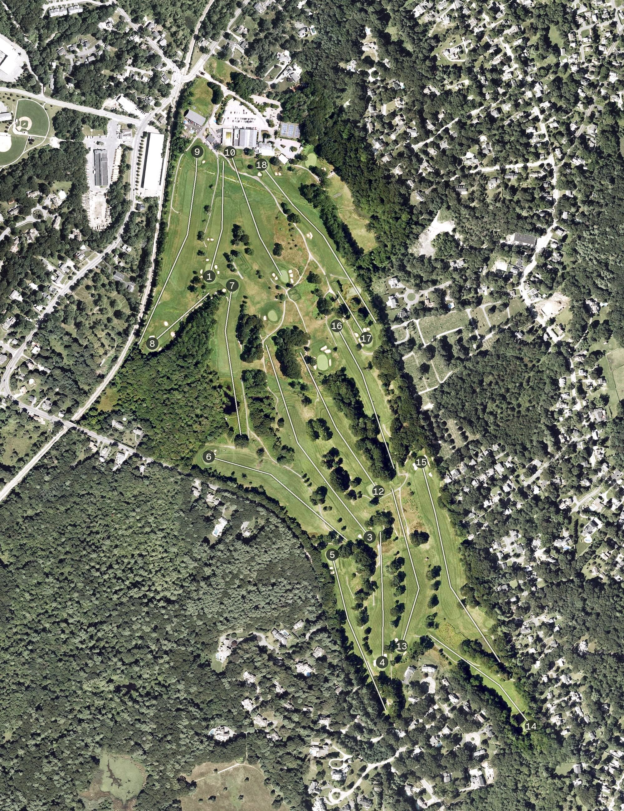Aerial view of South Shore Country Club, MA, with its hole routing marked