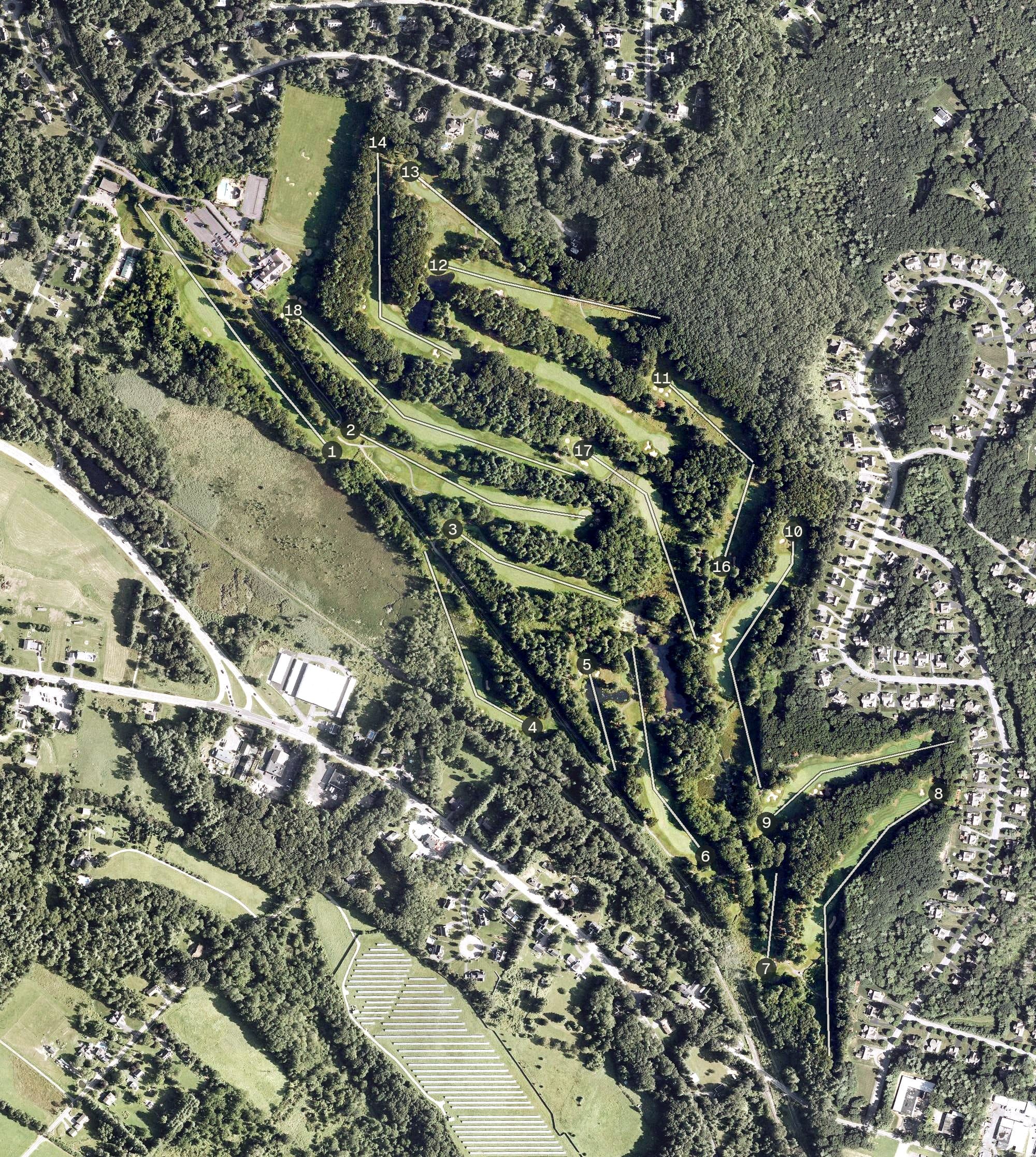 Aerial view of Sterling National Country Club, MA, with its hole routing marked