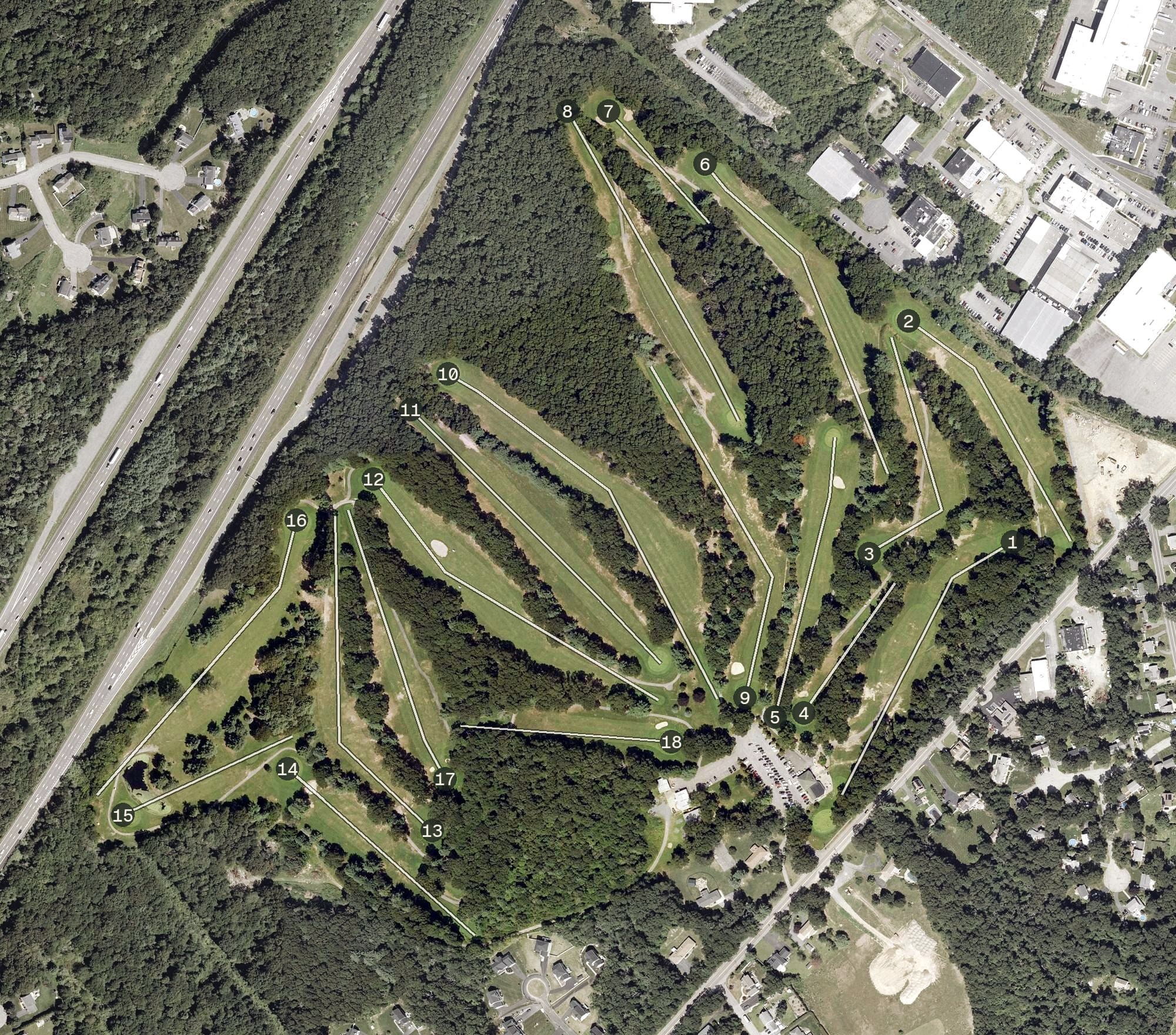 Aerial view of Stone-E-Lea Golf Course, MA, with its hole routing marked
