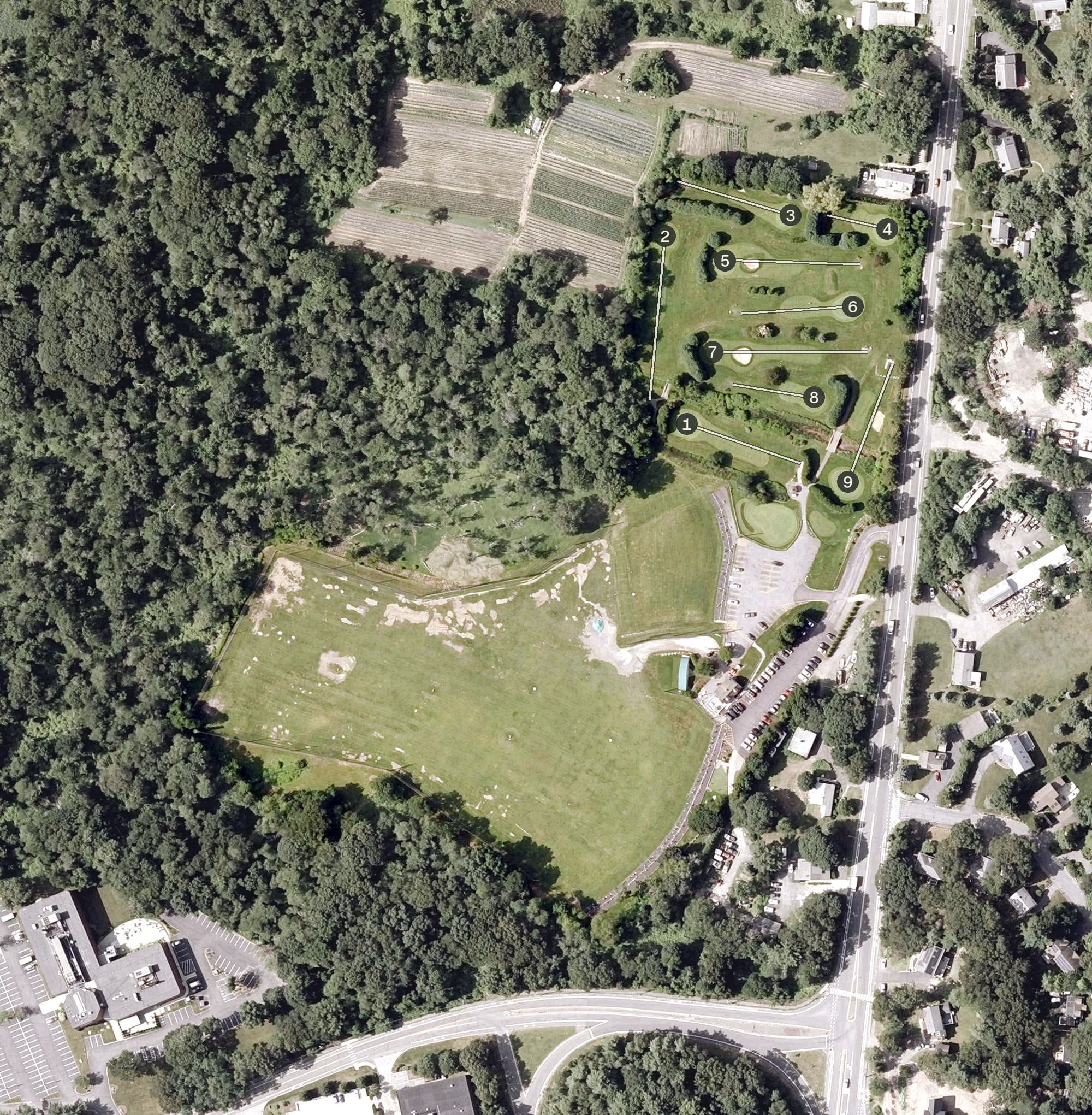 Aerial view of Stone Meadow Golf, MA, with its hole routing marked