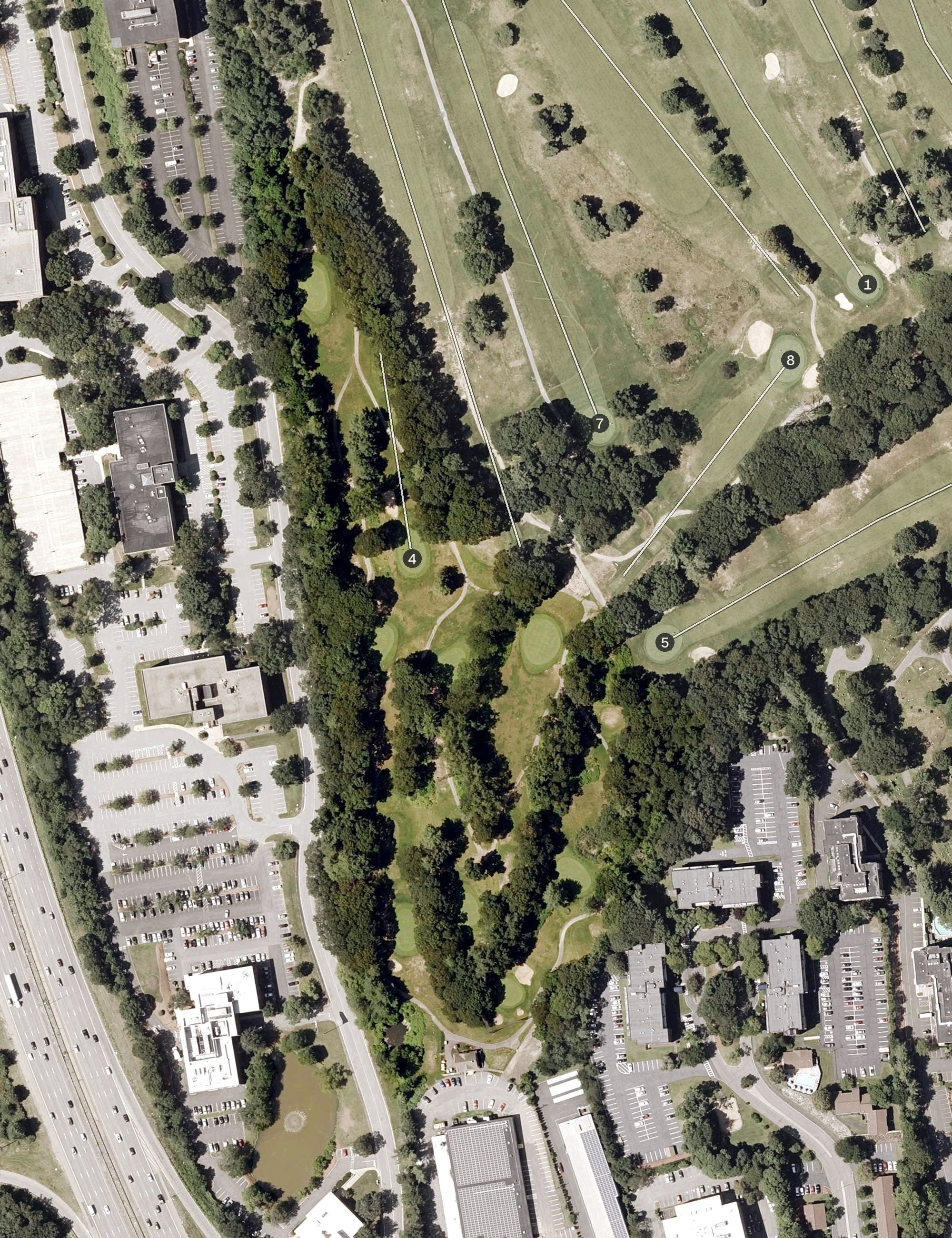 Aerial view of Stoneham Oaks Golf Course, MA, with its hole routing marked