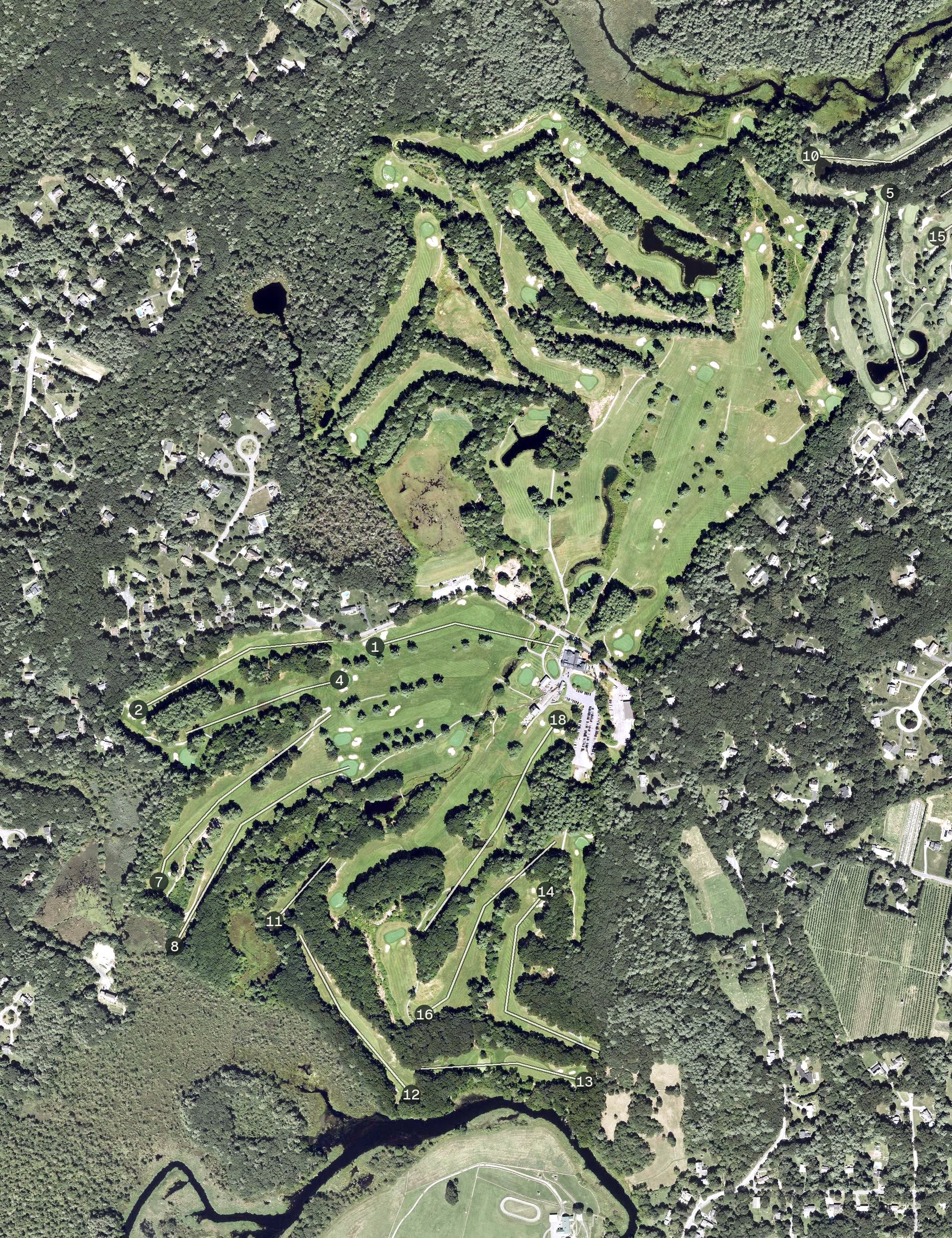 Aerial view of Stow Acres Country Club, MA, with its hole routing marked