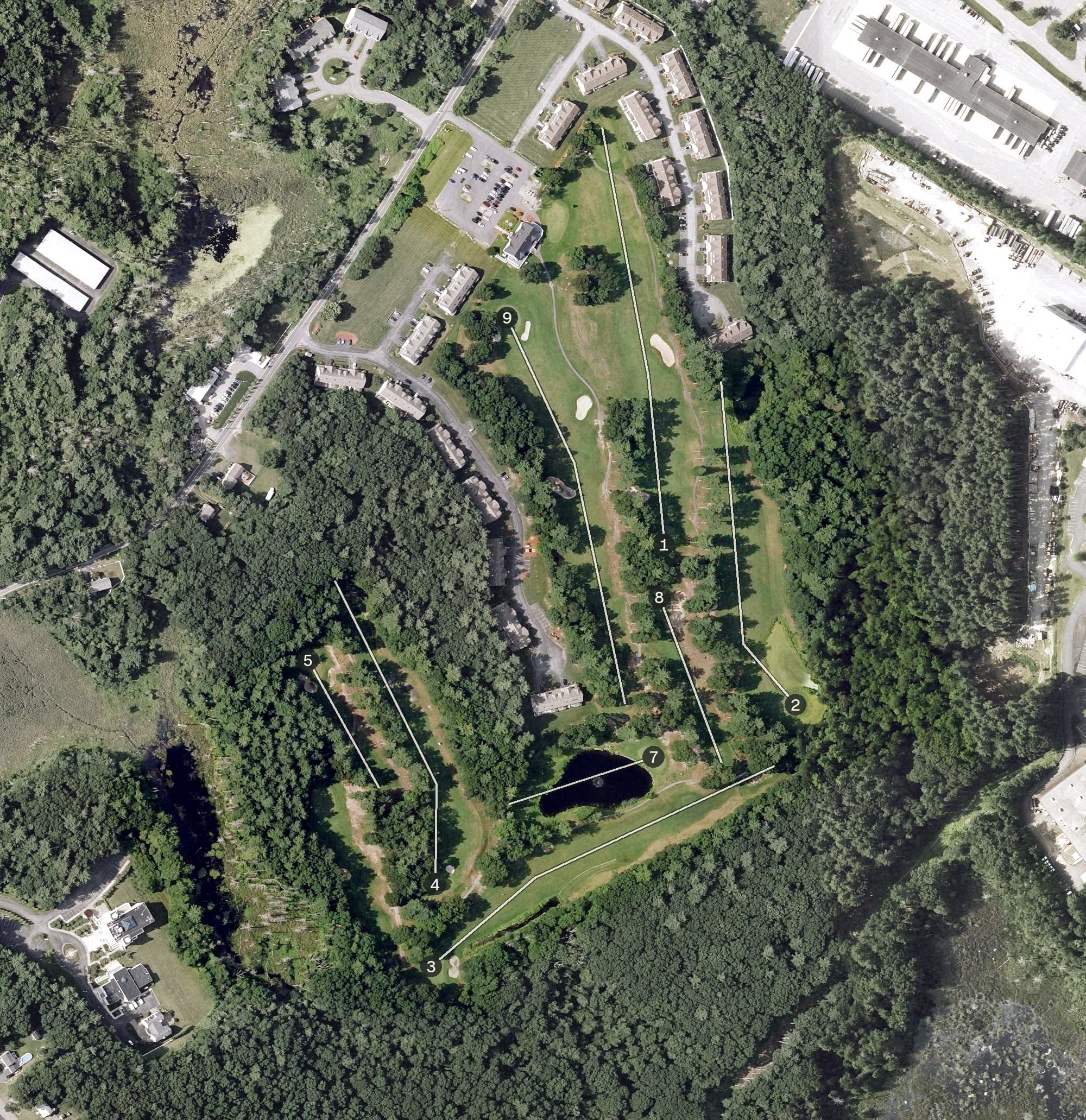 Aerial view of Swanson Meadows Golf Course, MA, with its hole routing marked