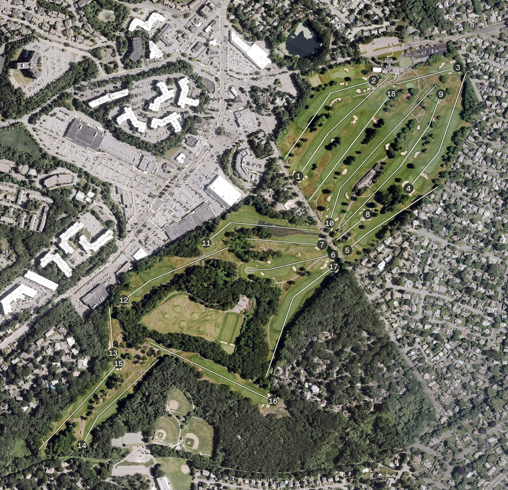 Aerial view of Tedesco Country Club, MA, with its hole routing marked