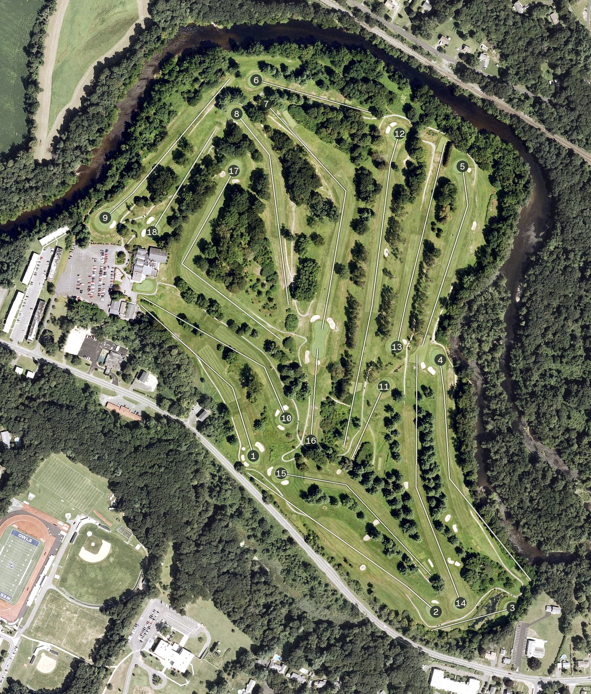 Aerial view of Tekoa Country Club, MA, with its hole routing marked