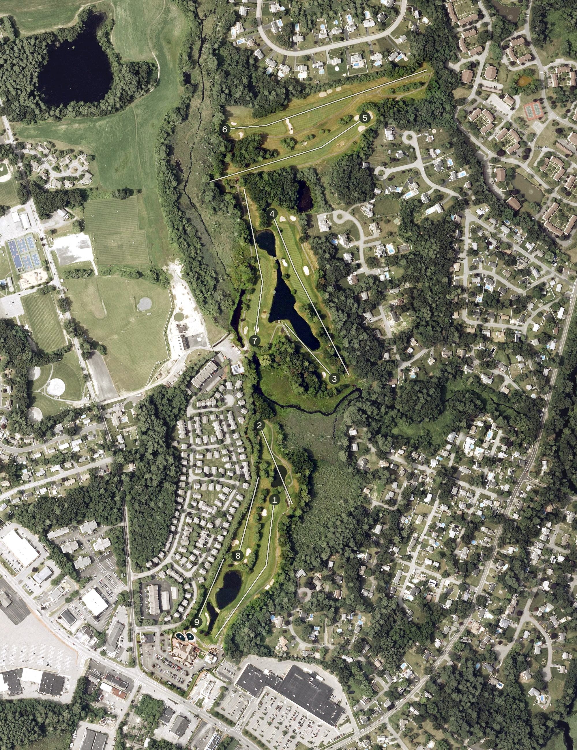 Aerial view of Tewksbury Country Club, MA, with its hole routing marked