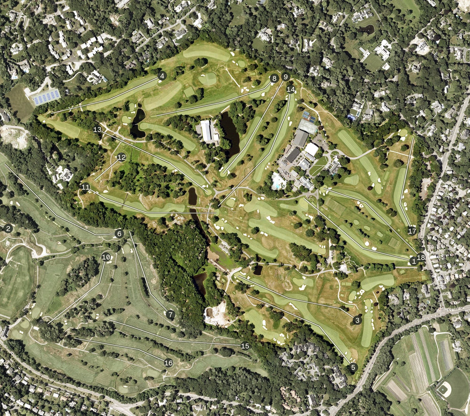 Aerial view of The Country Club, MA, with its hole routing marked