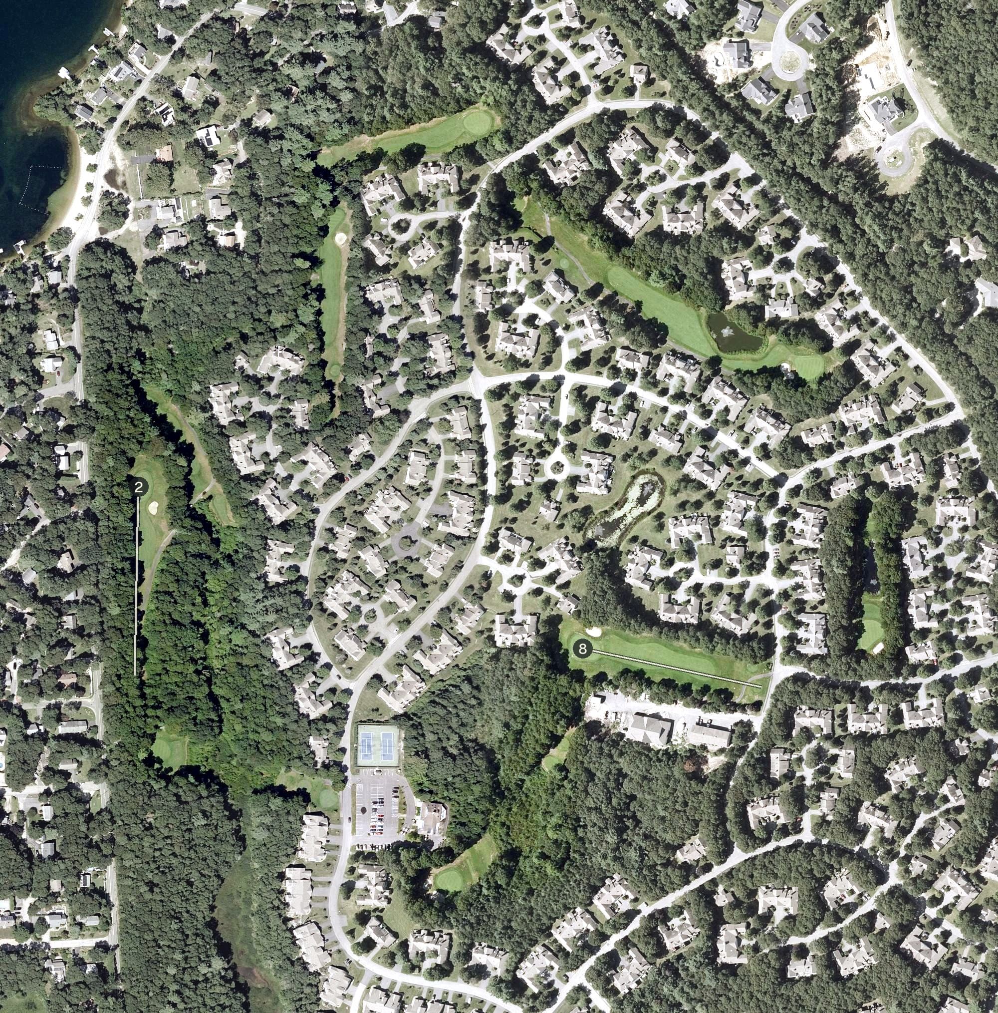 Aerial view of The Golf Club at Southport, MA, with its hole routing marked