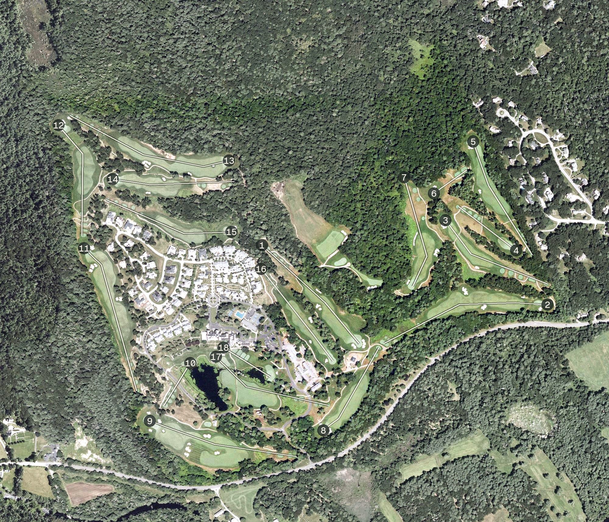 Aerial view of The Golf Club at Turner Hill, MA, with its hole routing marked
