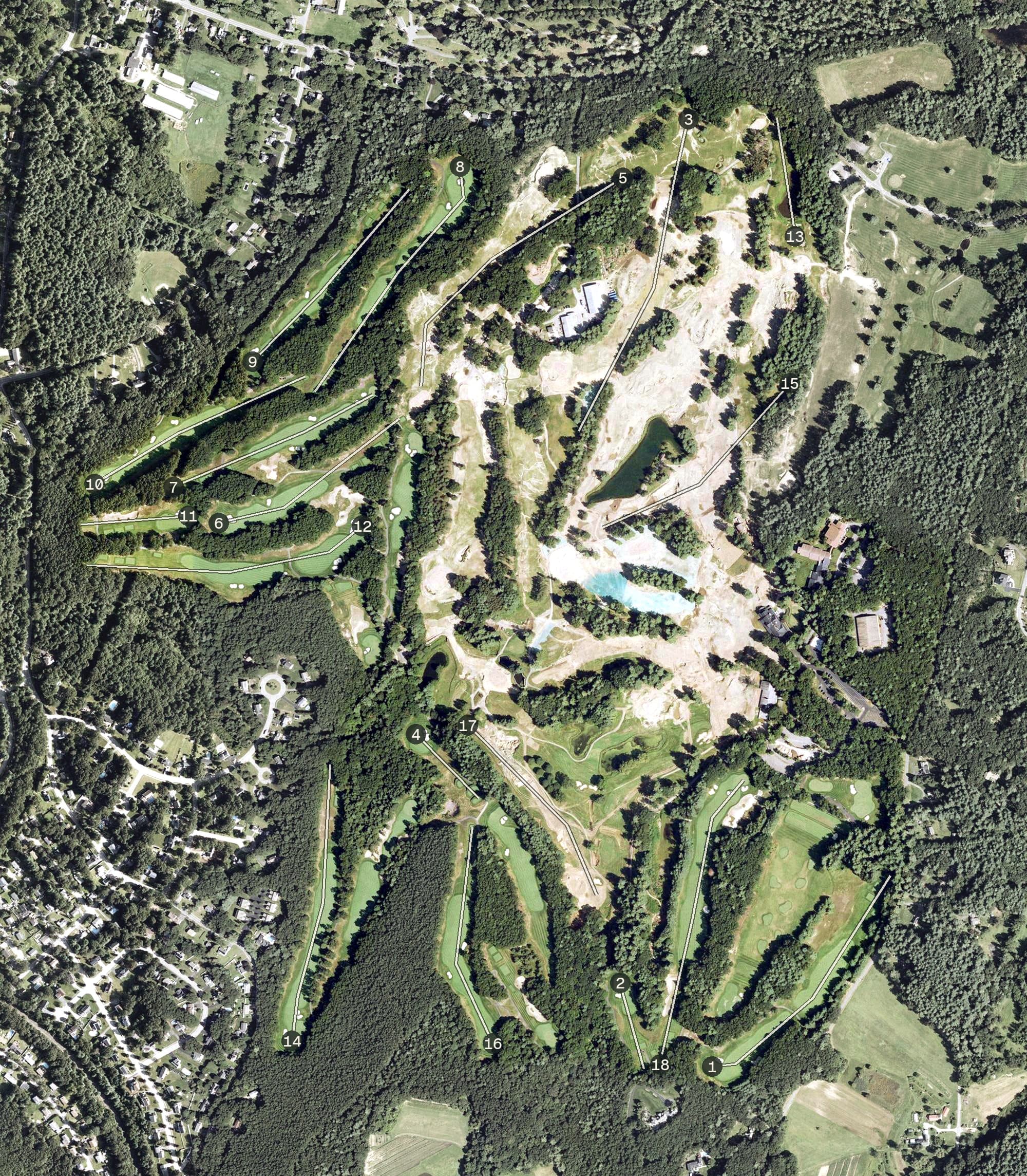 Aerial view of The International, MA, with its hole routing marked