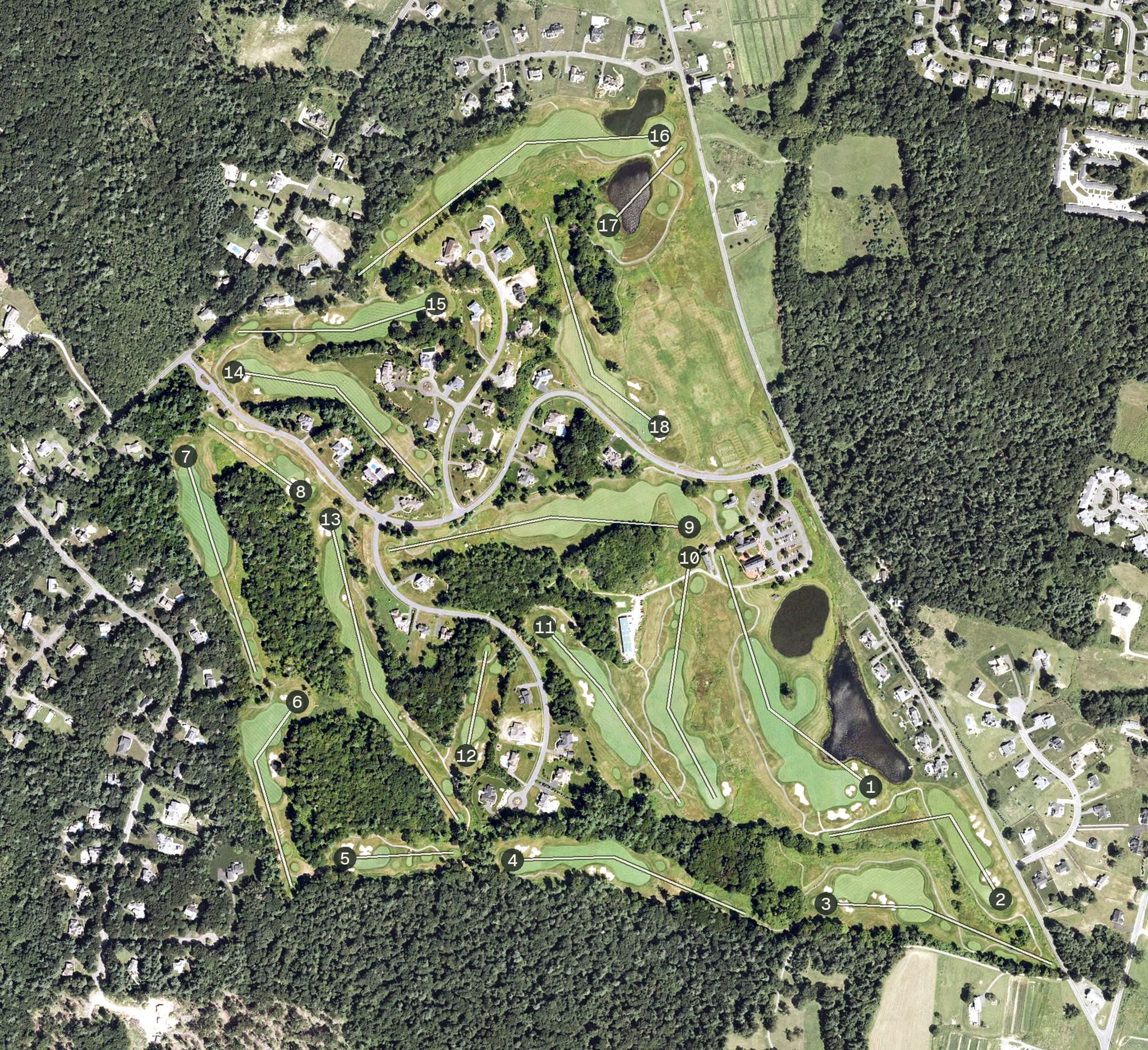 Aerial view of The Ranch Golf Club, MA, with its hole routing marked