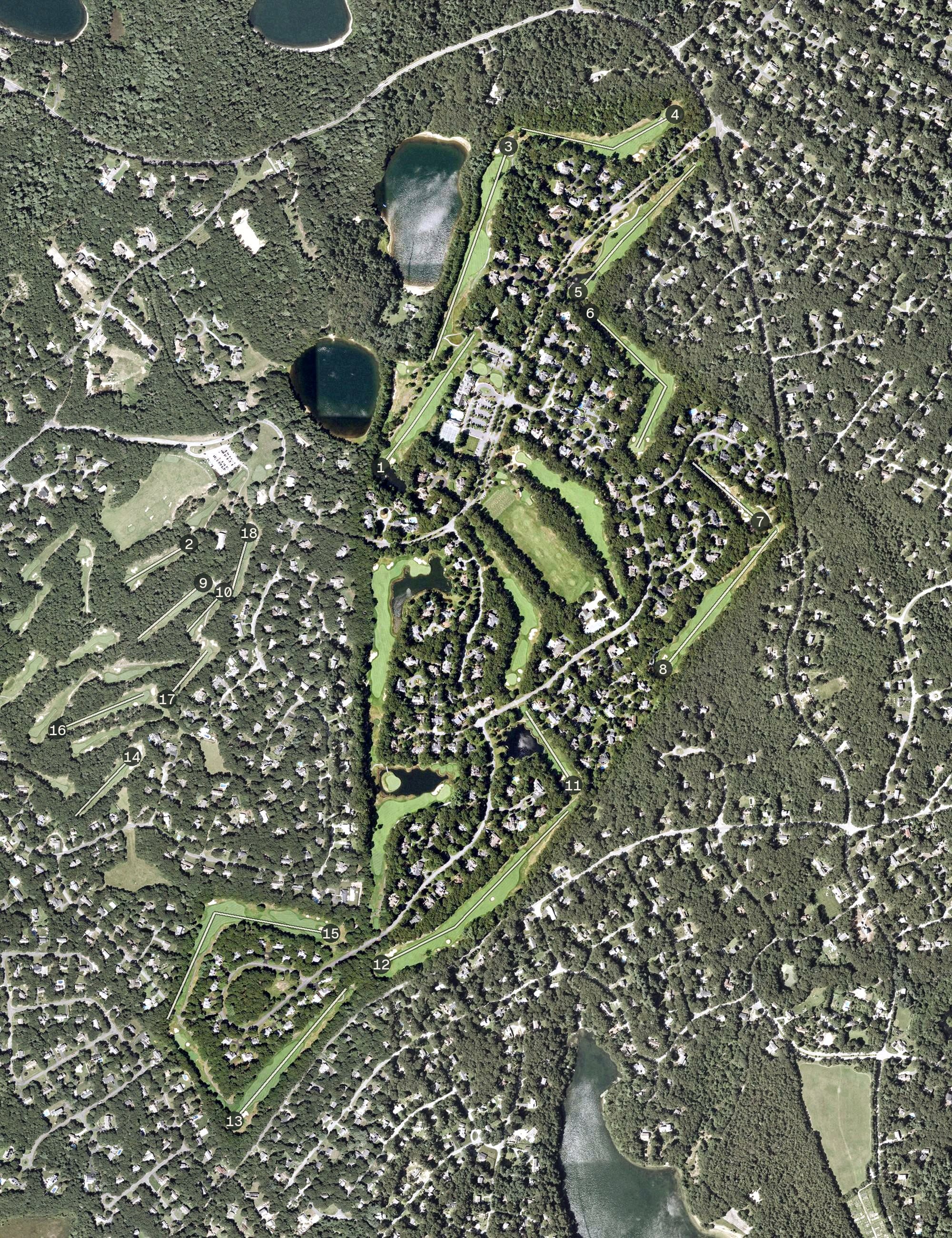 Aerial view of The Ridge Club, MA, with its hole routing marked