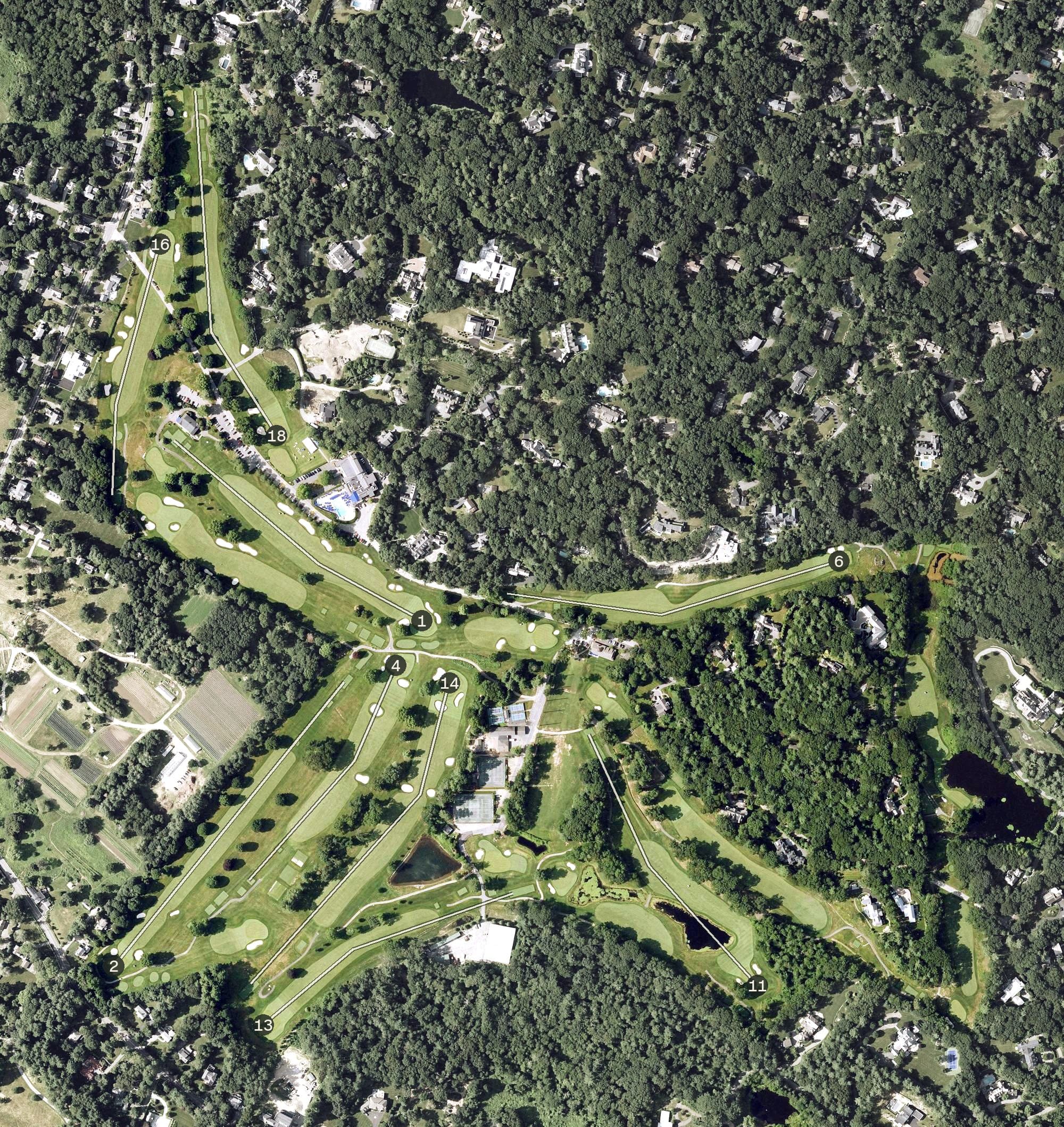 Aerial view of The Weston Golf Club, MA, with its hole routing marked
