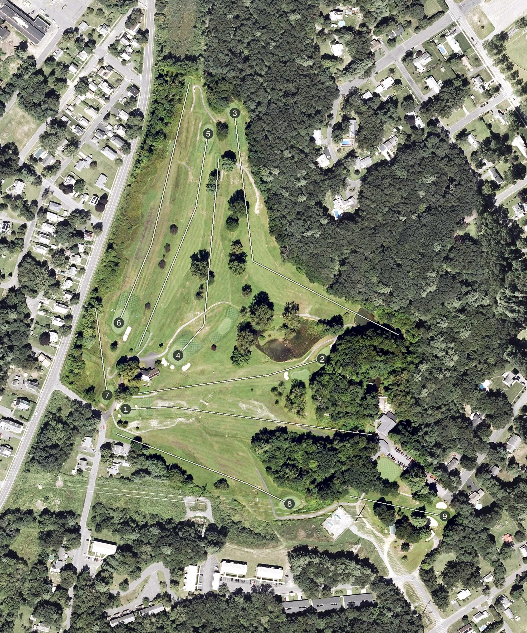 Aerial view of Thomas Memorial Golf And Country Club, MA, with its hole routing marked