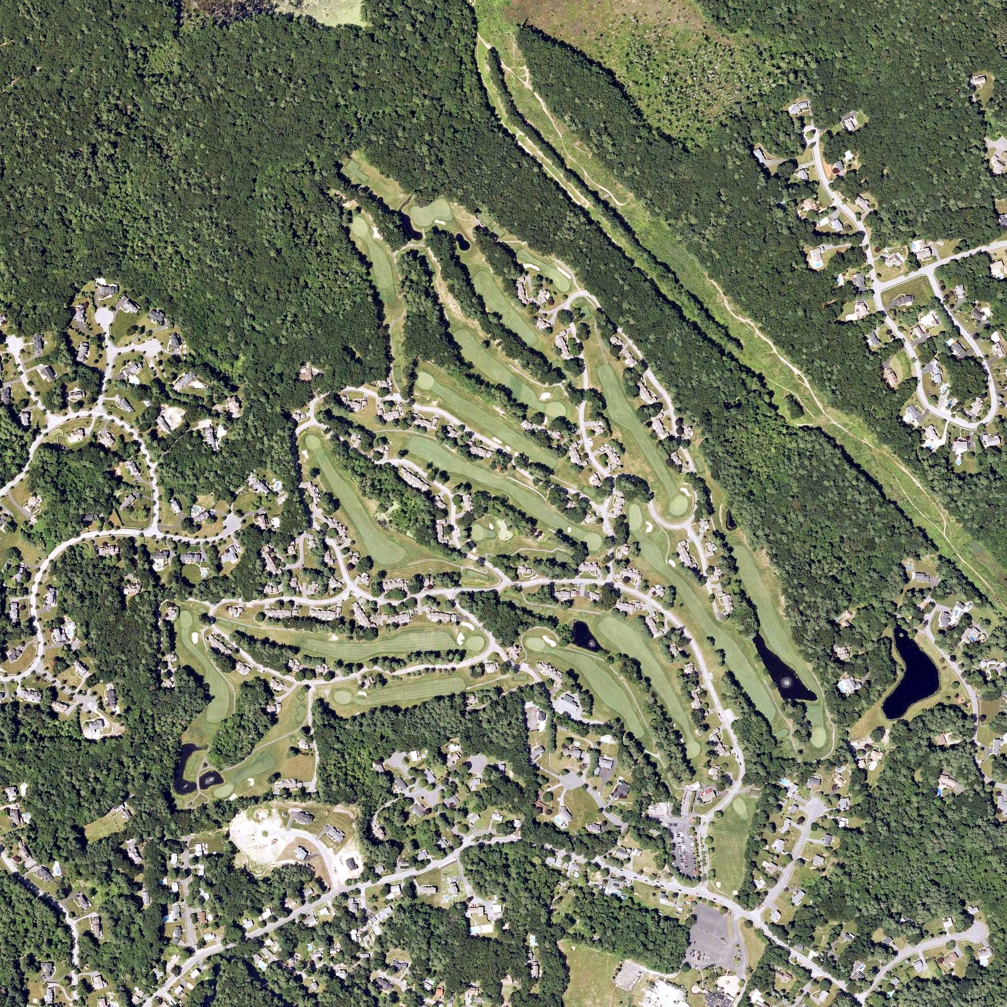 Aerial view of Thomson Country Club, MA, with its hole routing marked