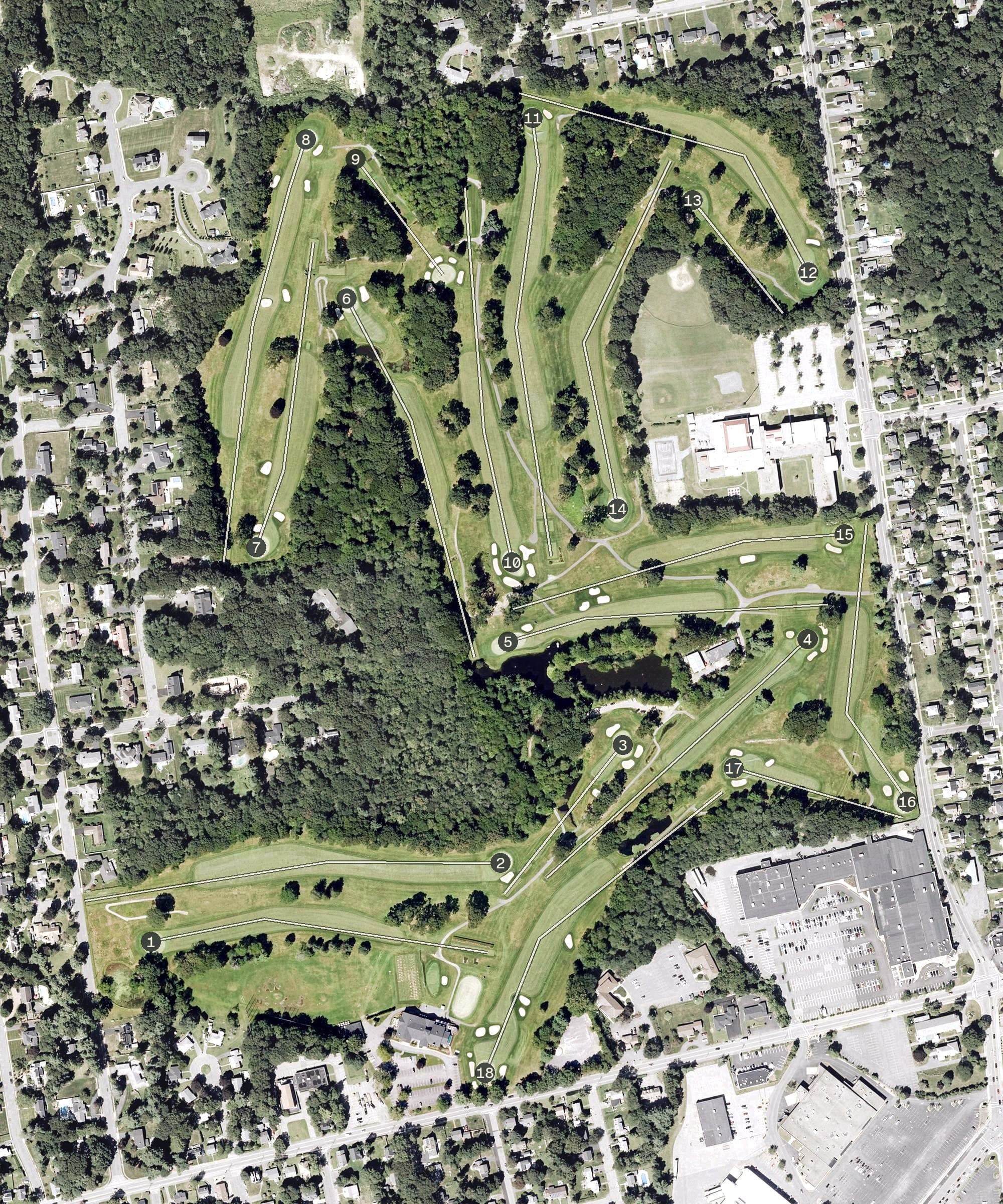 Aerial view of Thorny Lea Golf Club, MA, with its hole routing marked