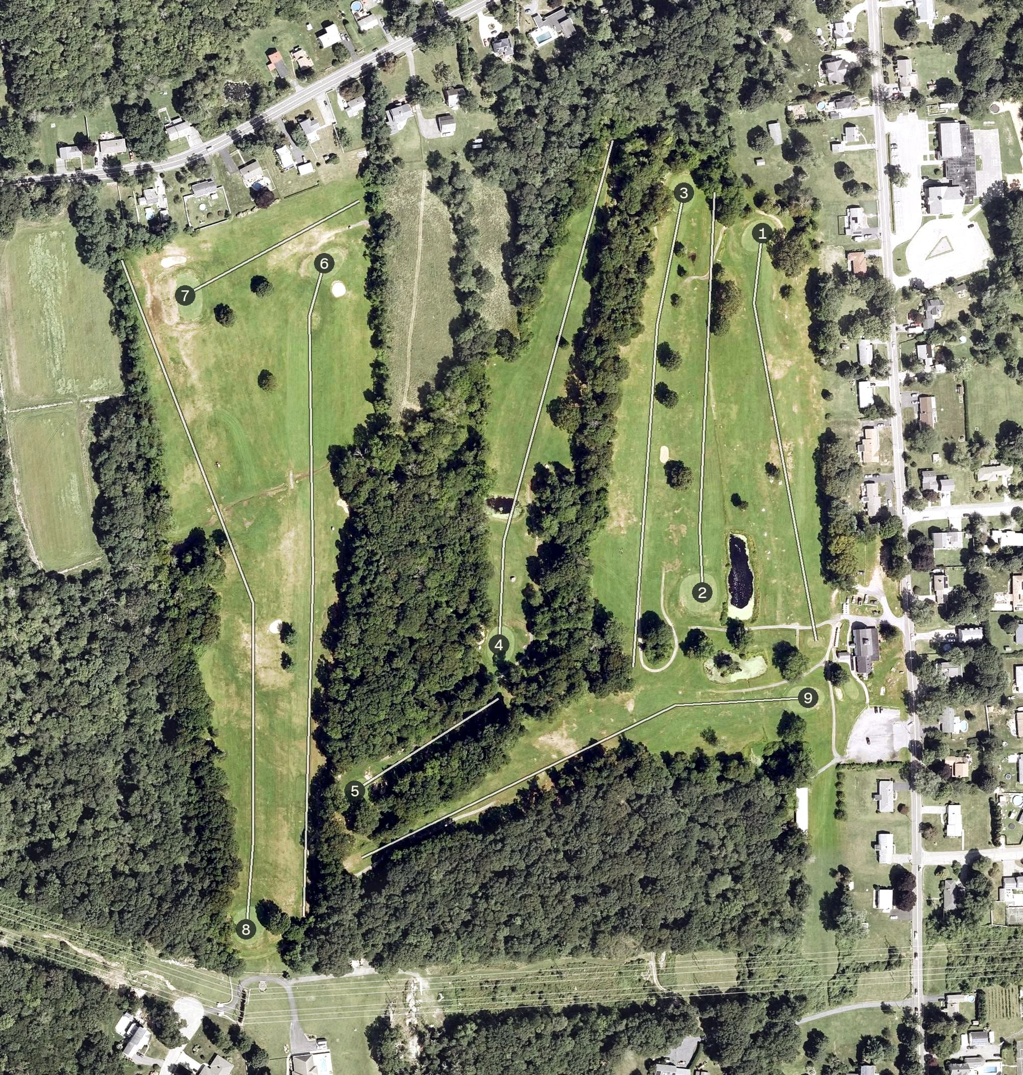 Aerial view of Touisset Country Club, MA, with its hole routing marked