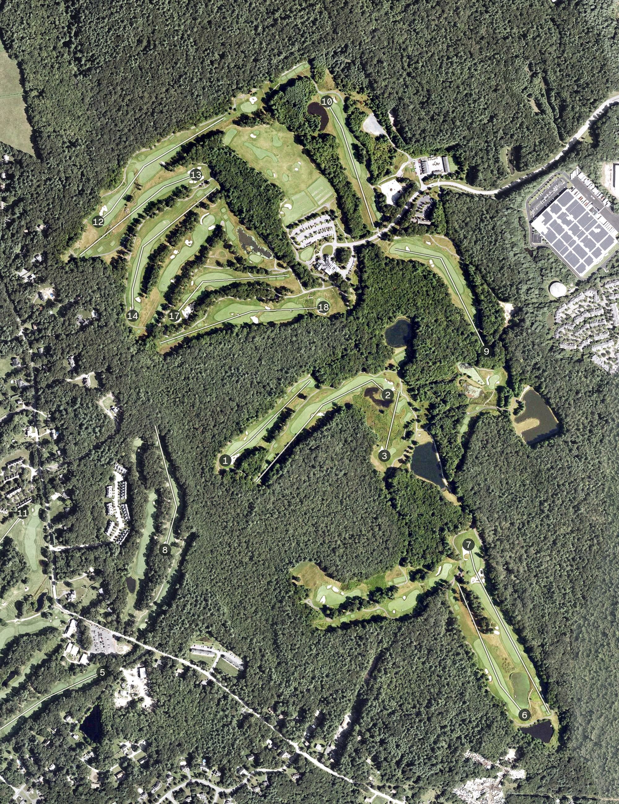 Aerial view of TPC Boston, MA, with its hole routing marked