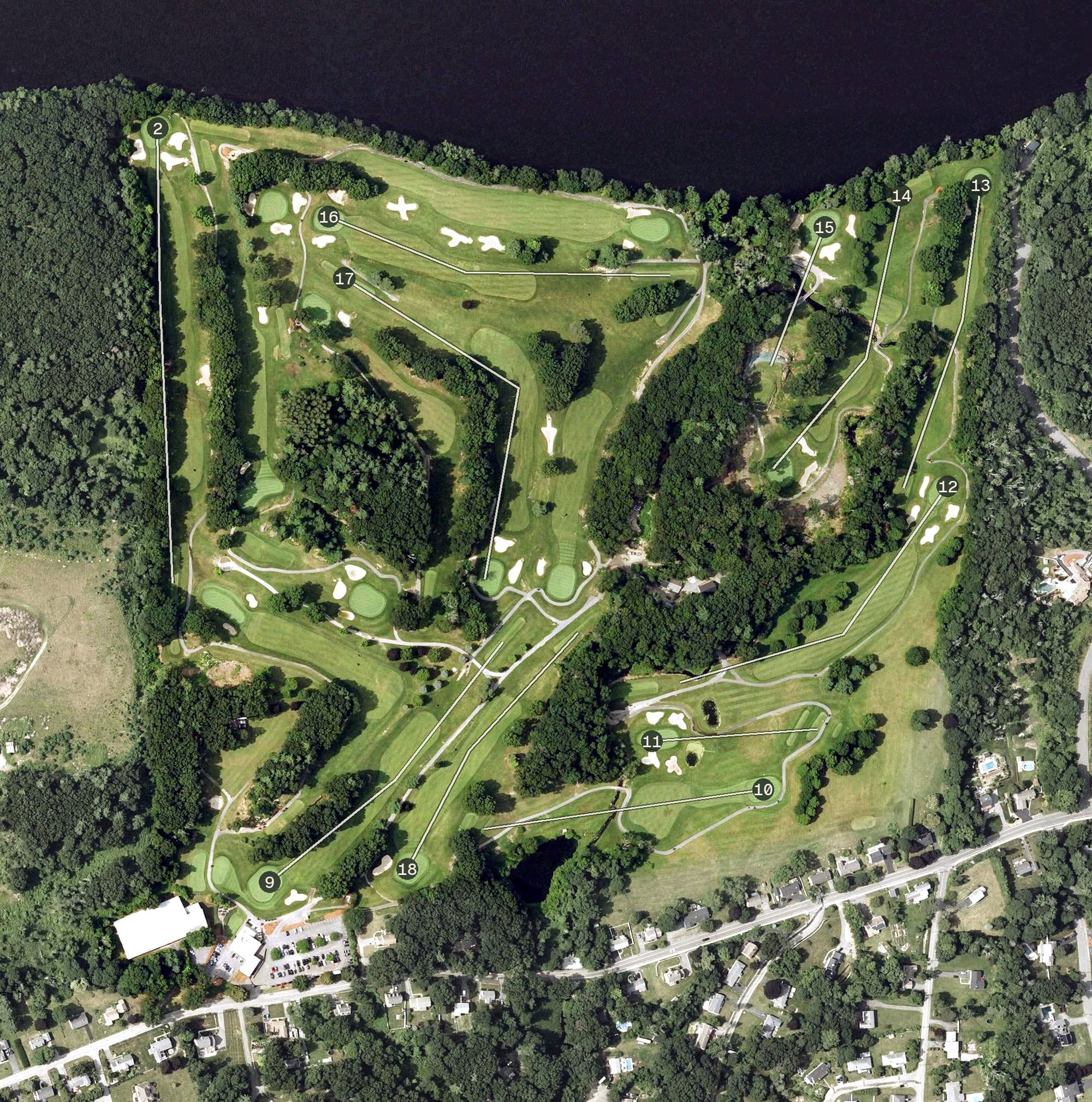 Aerial view of Trull Brook Golf Course, MA, with its hole routing marked