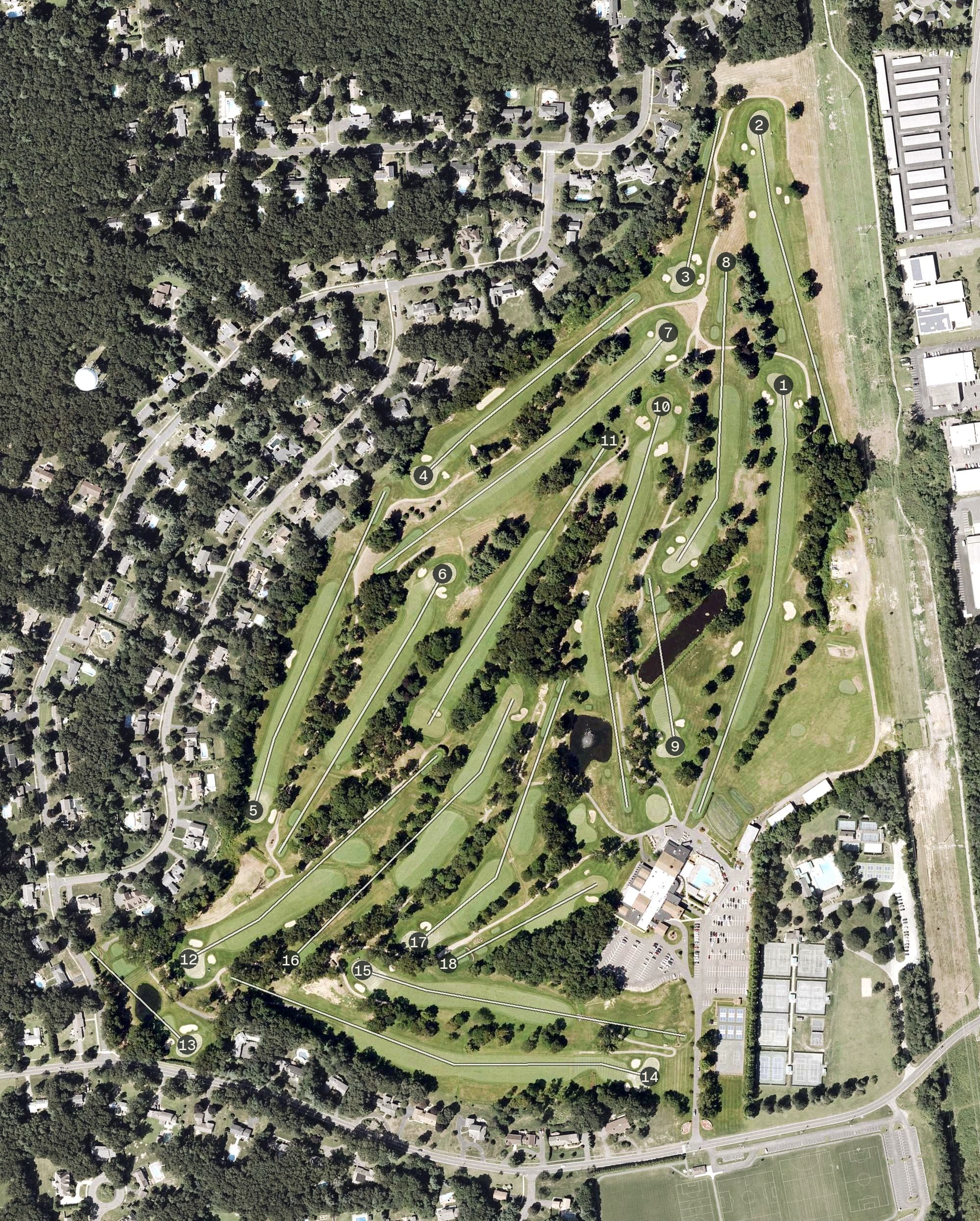 Aerial view of Twin Hills Country Club, MA, with its hole routing marked