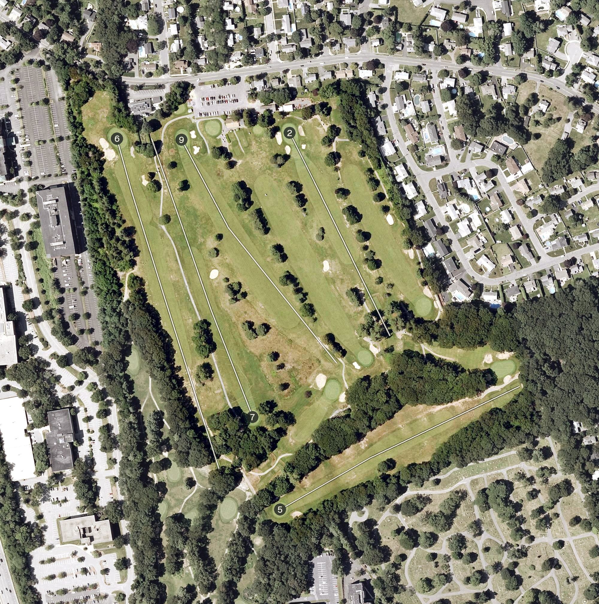 Aerial view of Unicorn Golf Course, MA, with its hole routing marked