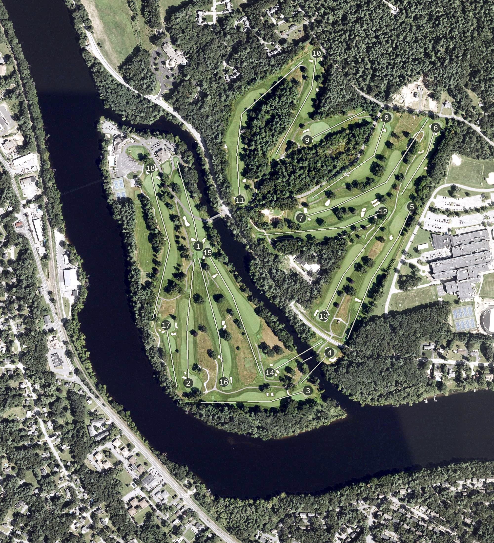 Aerial view of Vesper Country Club, MA, with its hole routing marked