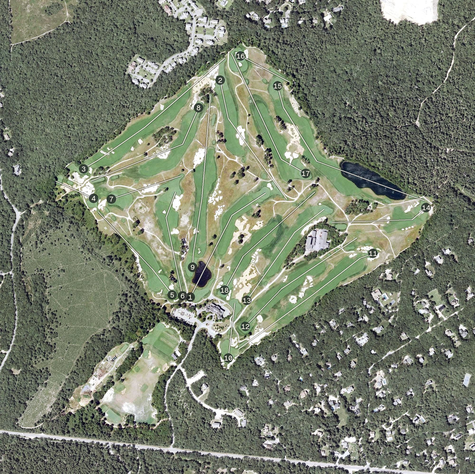 Aerial view of Vineyard Golf Club, MA, with its hole routing marked