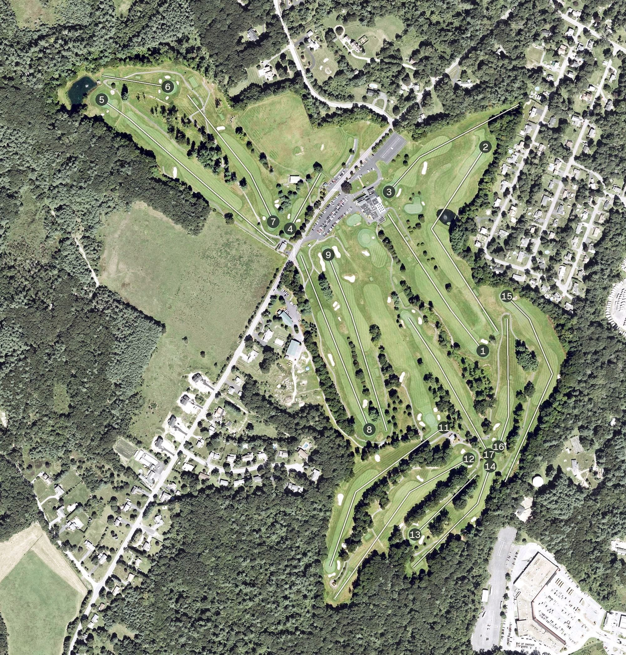 Aerial view of Wachusett Country Club, MA, with its hole routing marked