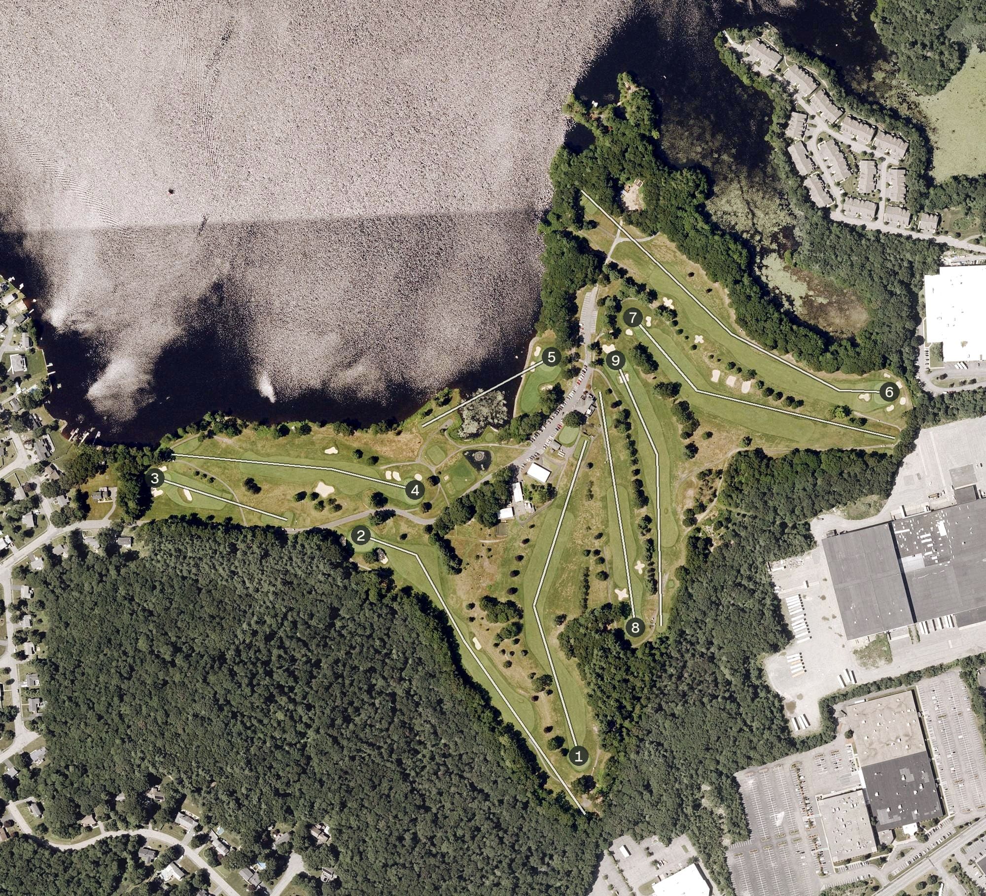 Aerial view of Wampatuck Country Club, MA, with its hole routing marked
