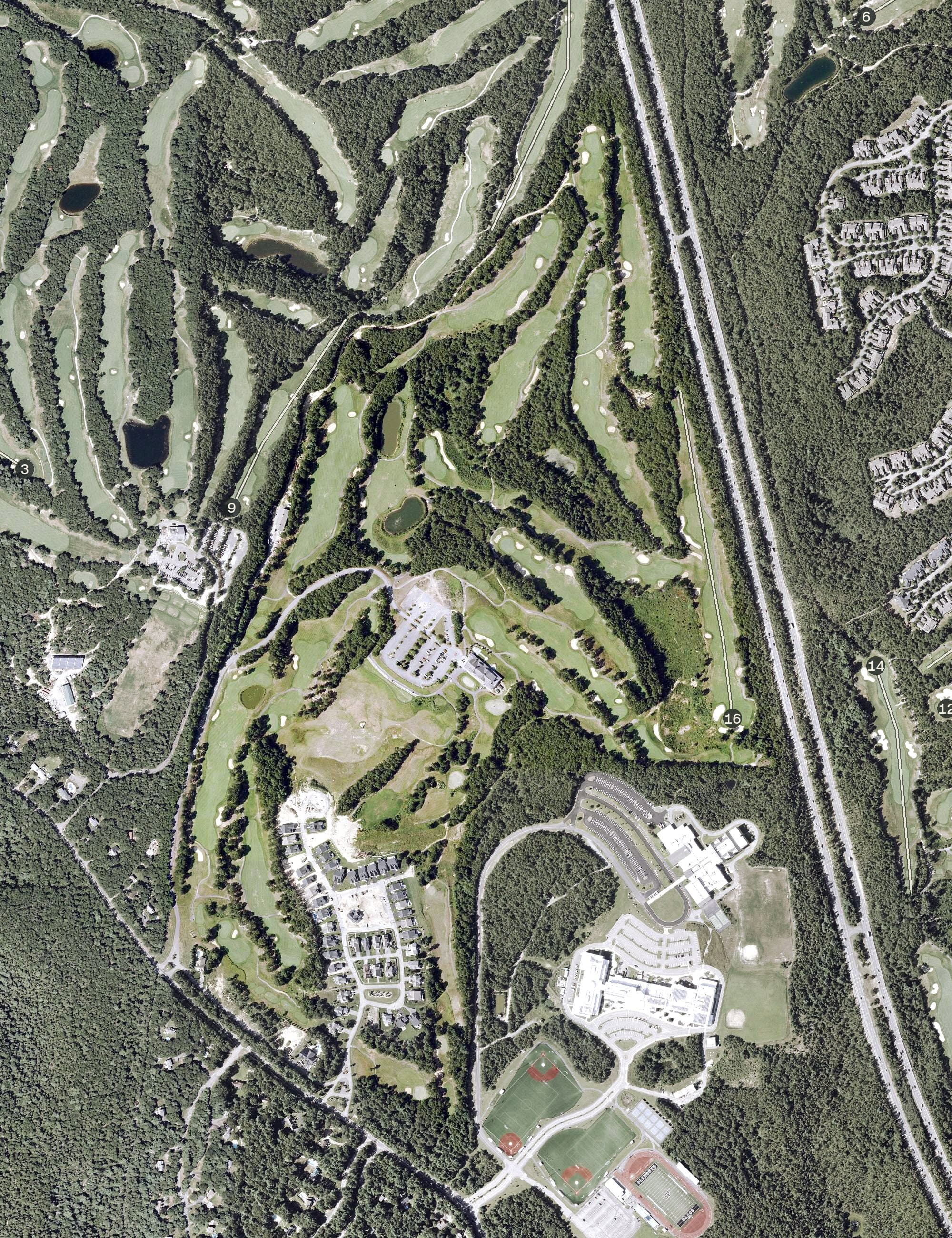 Aerial view of Waverly Oaks Golf Club, MA, with its hole routing marked