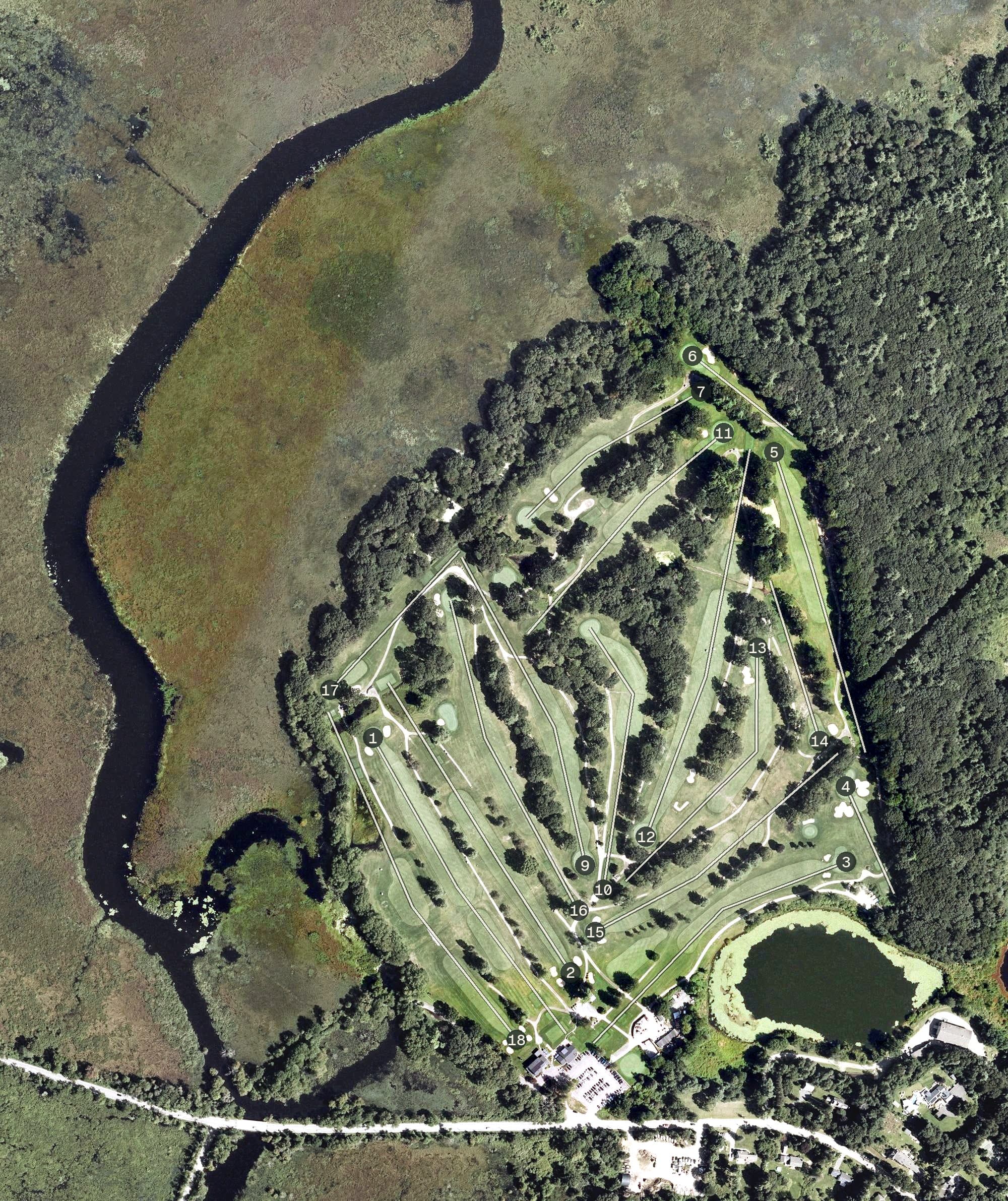 Aerial view of Wayland Country Club, MA, with its hole routing marked