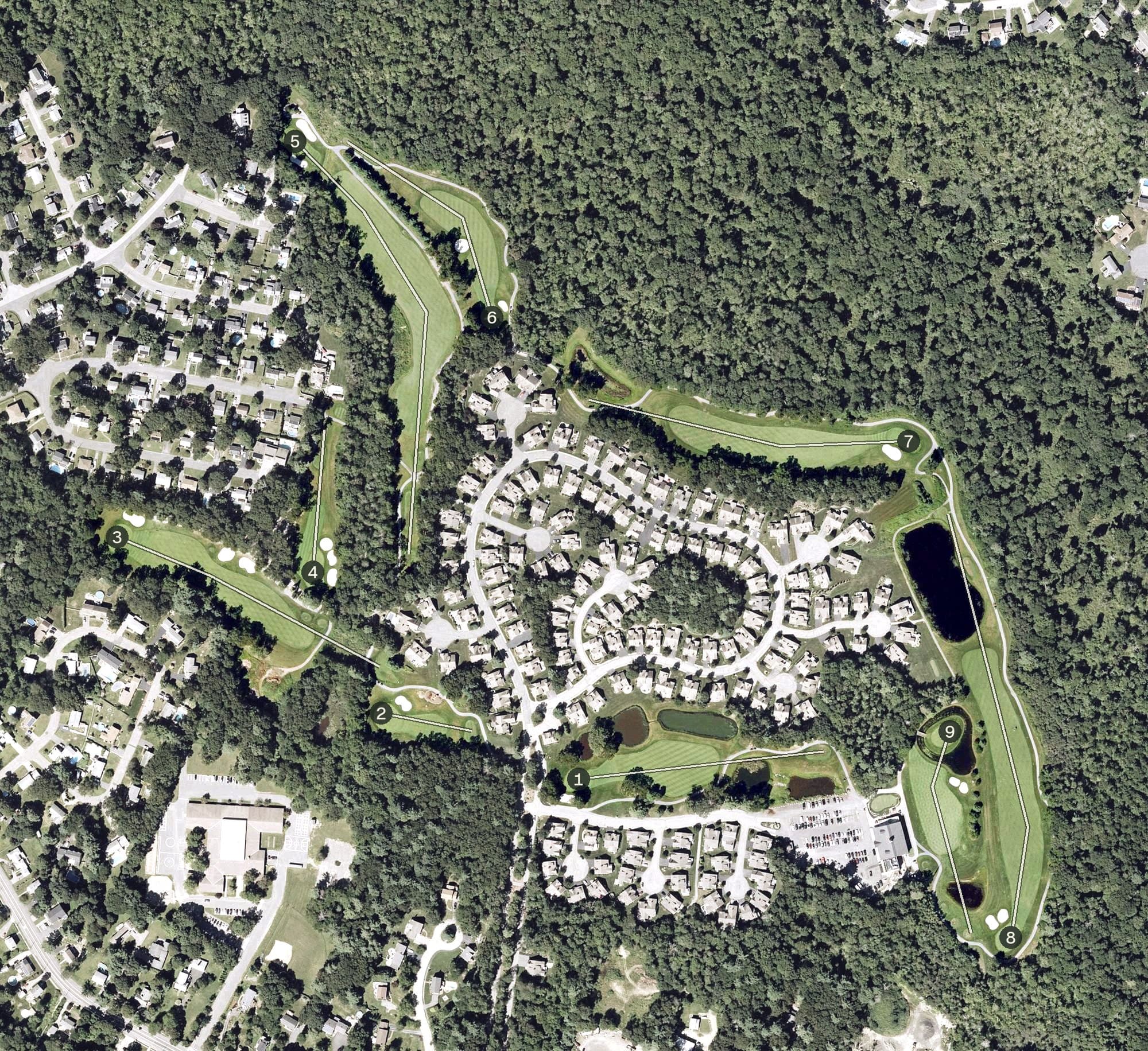 Aerial view of Weathervane Golf Club, MA, with its hole routing marked