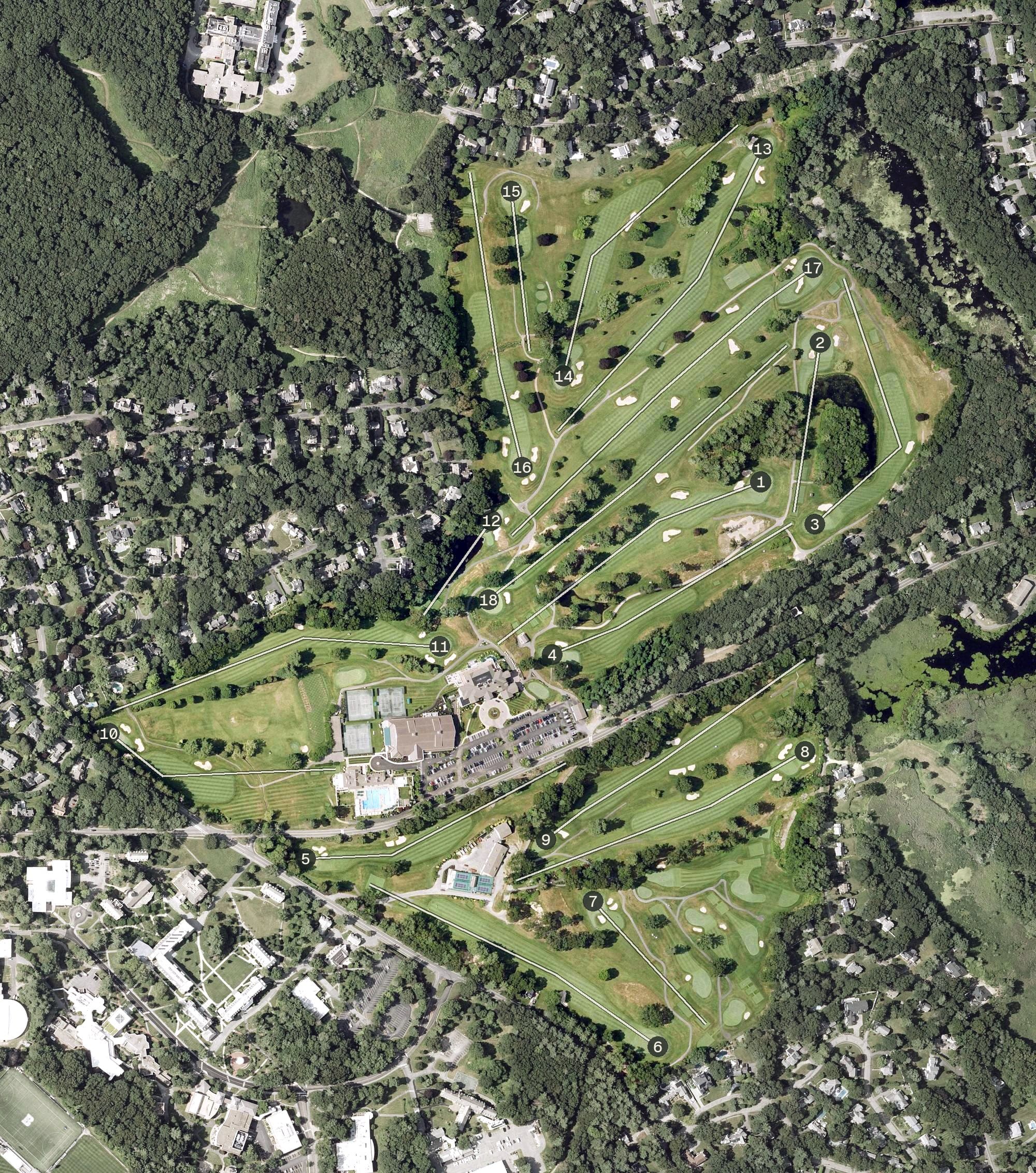 Aerial view of Wellesley Country Club, MA, with its hole routing marked