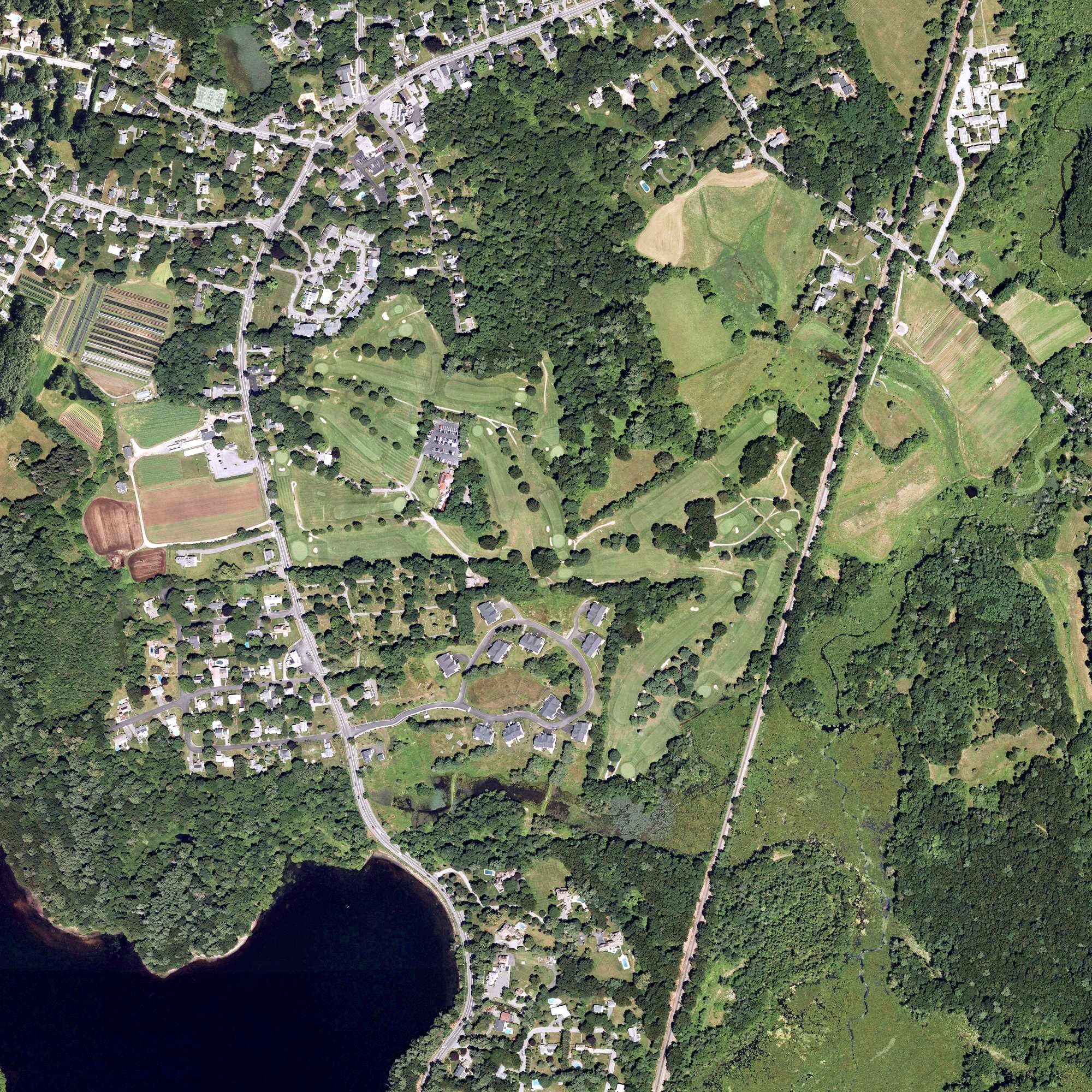 Aerial view of Wenham Country Club, MA, with its hole routing marked