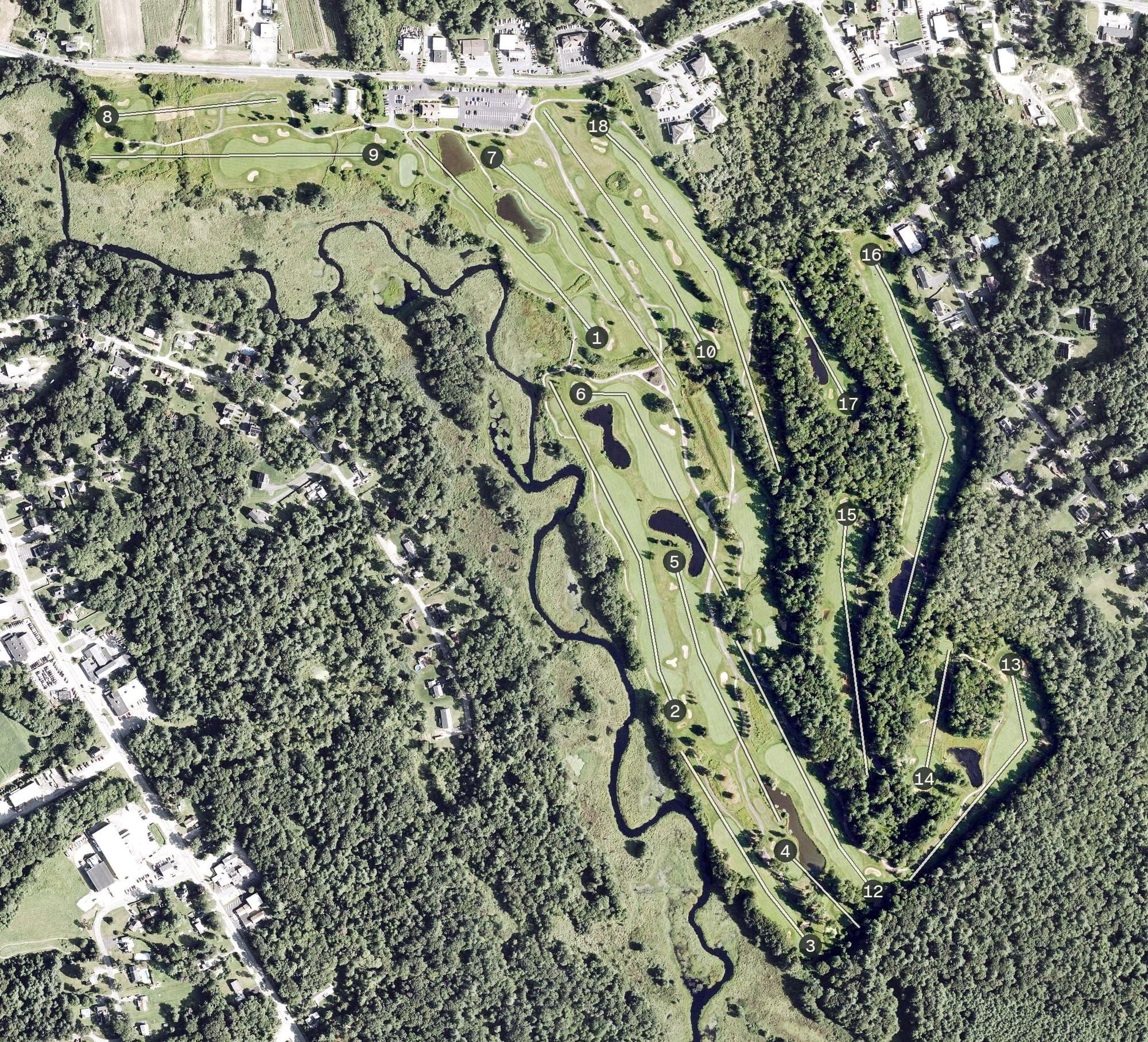 Aerial view of West Bridgewater Country Club, MA, with its hole routing marked